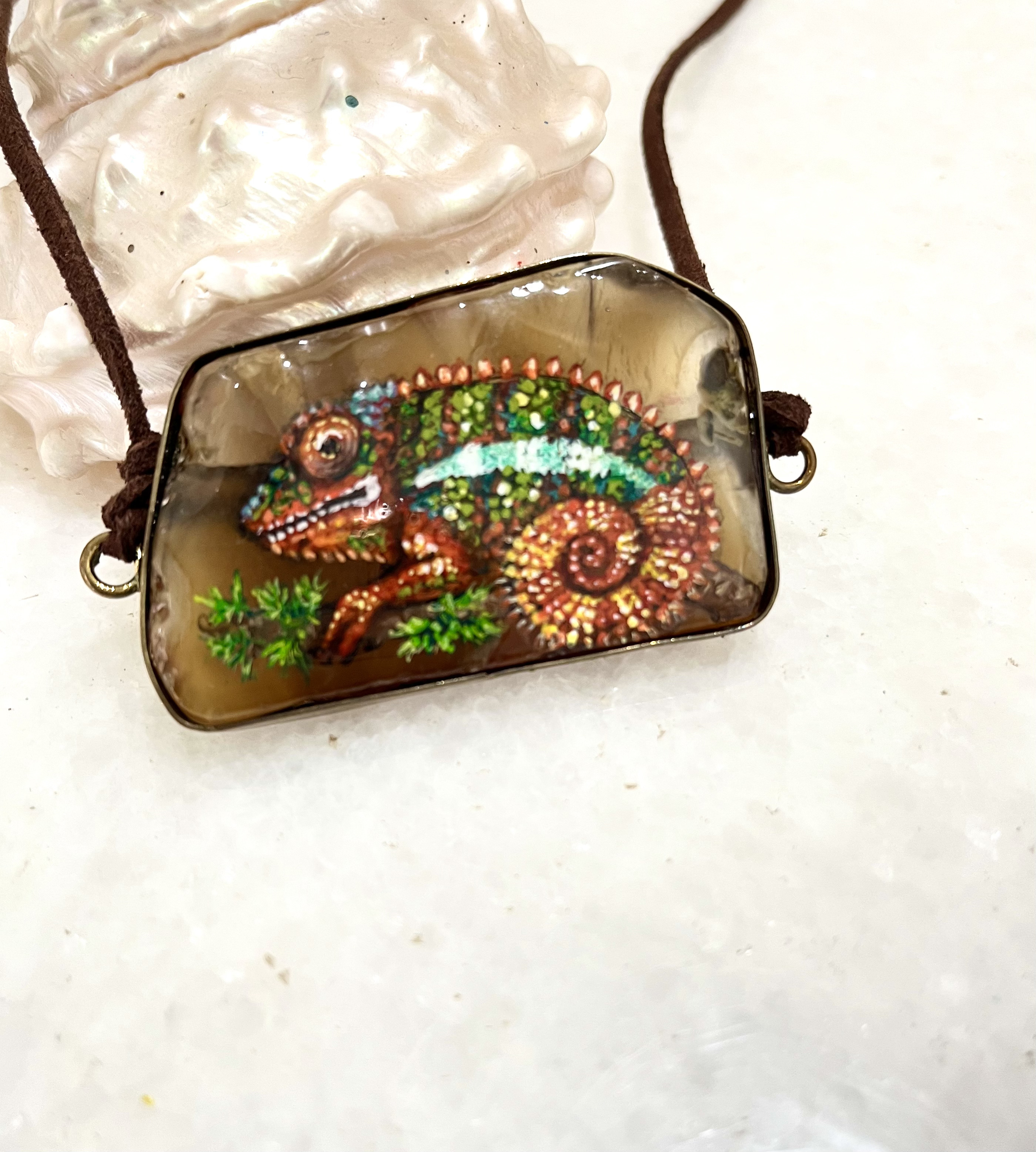 Panther Chameleon hand painted agate pendant necklace