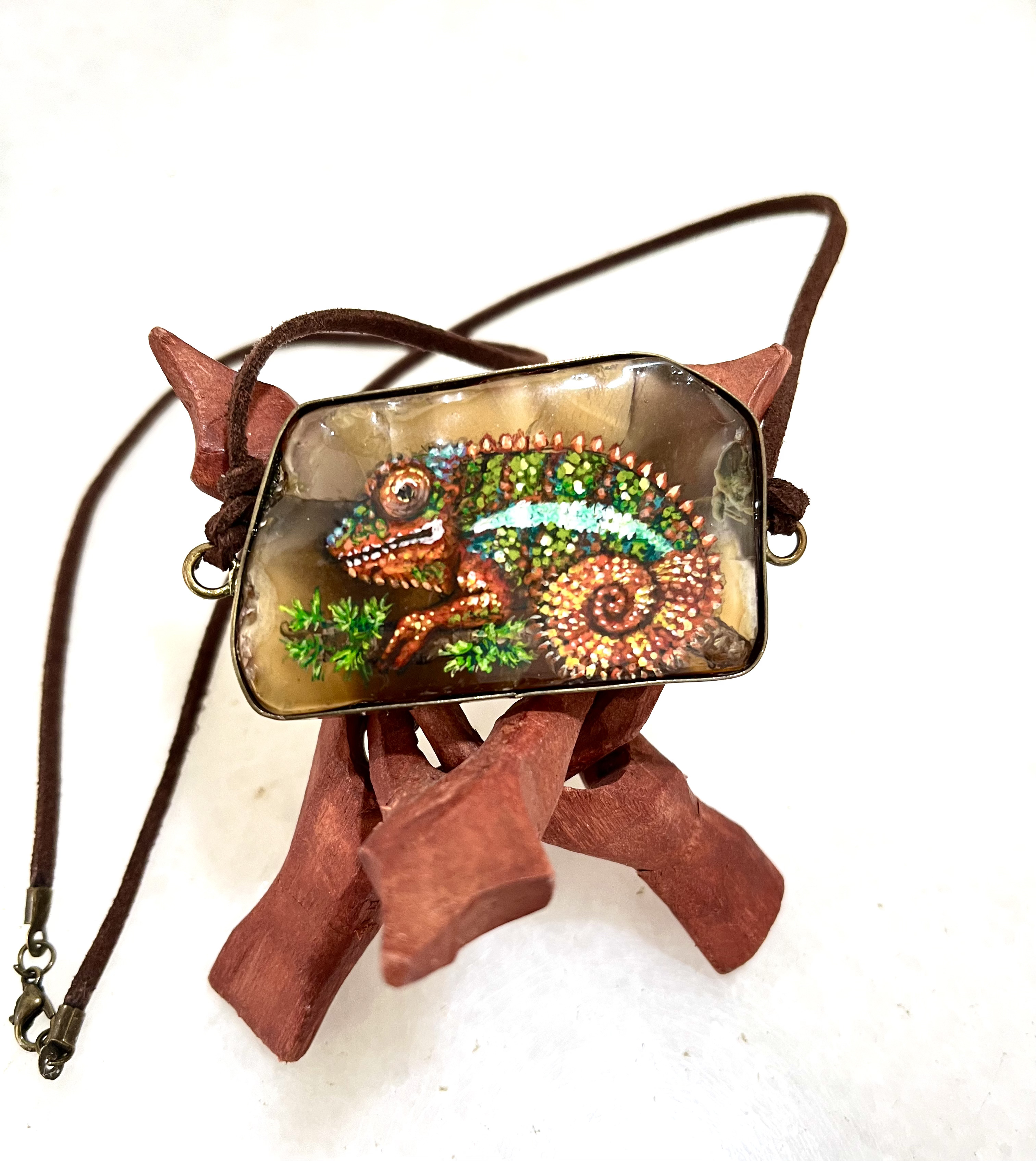 Panther Chameleon hand painted agate pendant necklace