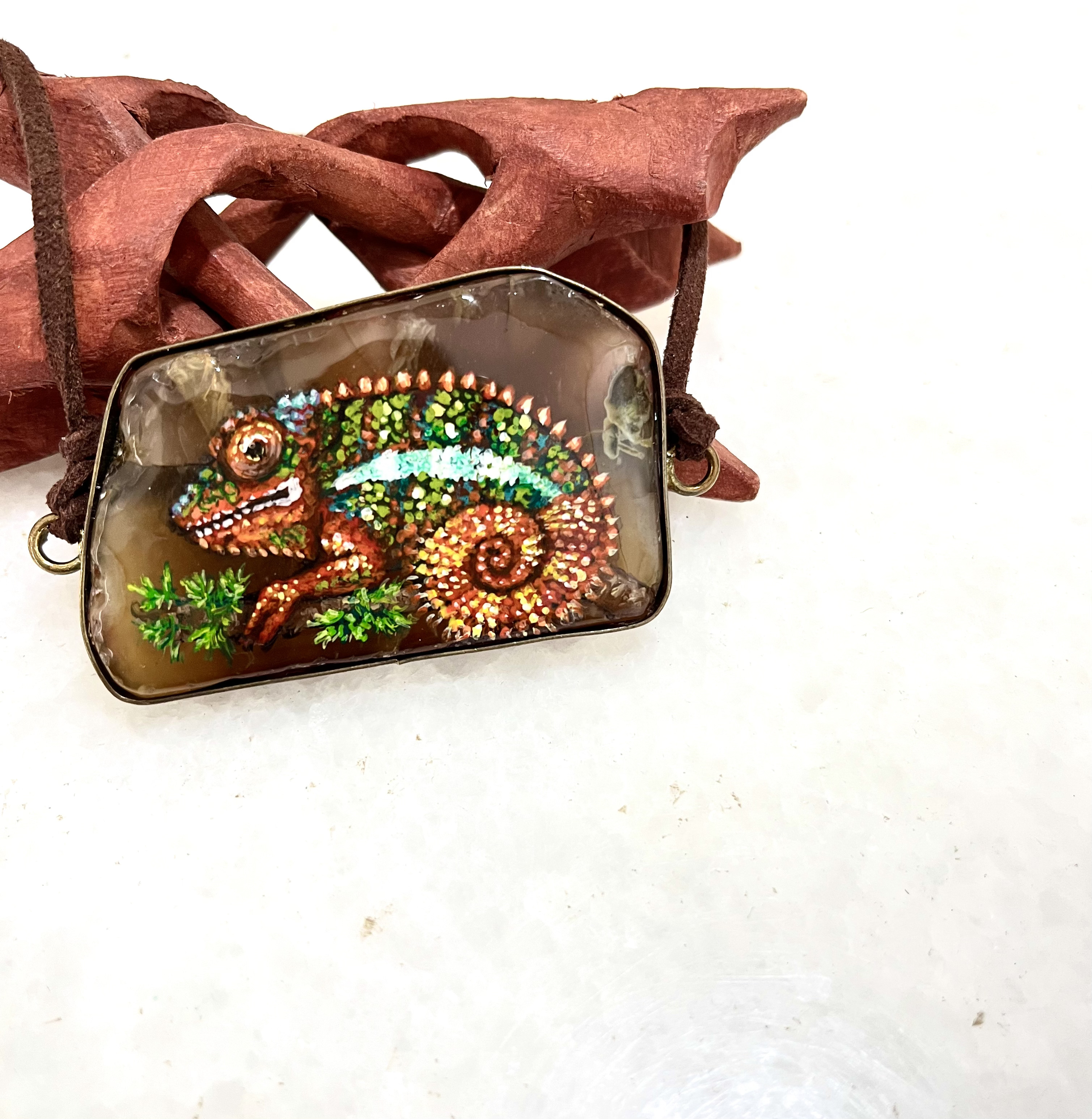 Panther Chameleon hand painted agate pendant necklace