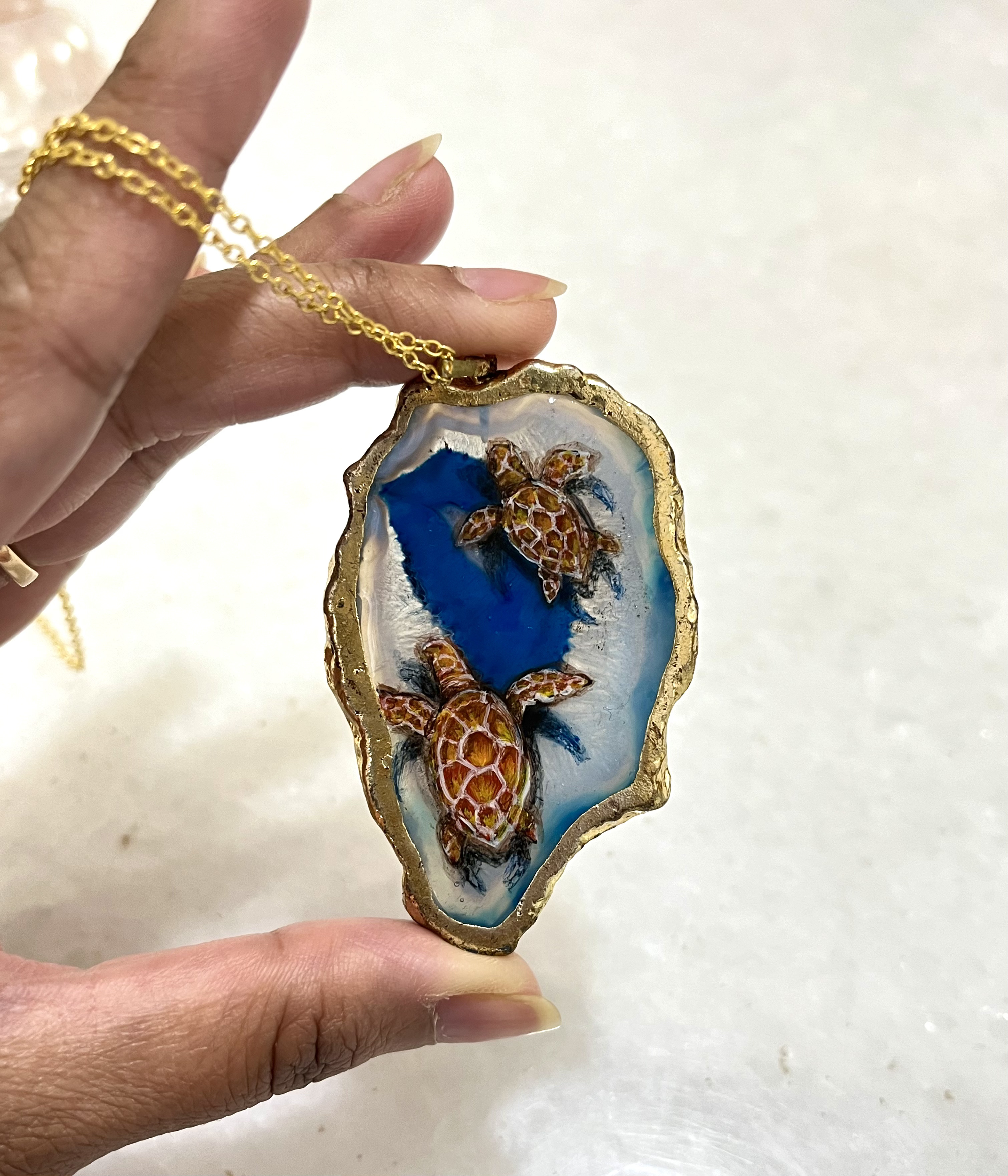 Handcrafted Sea Turtle Pendant - hand painted agate jewellery, gifts for ocean lover
