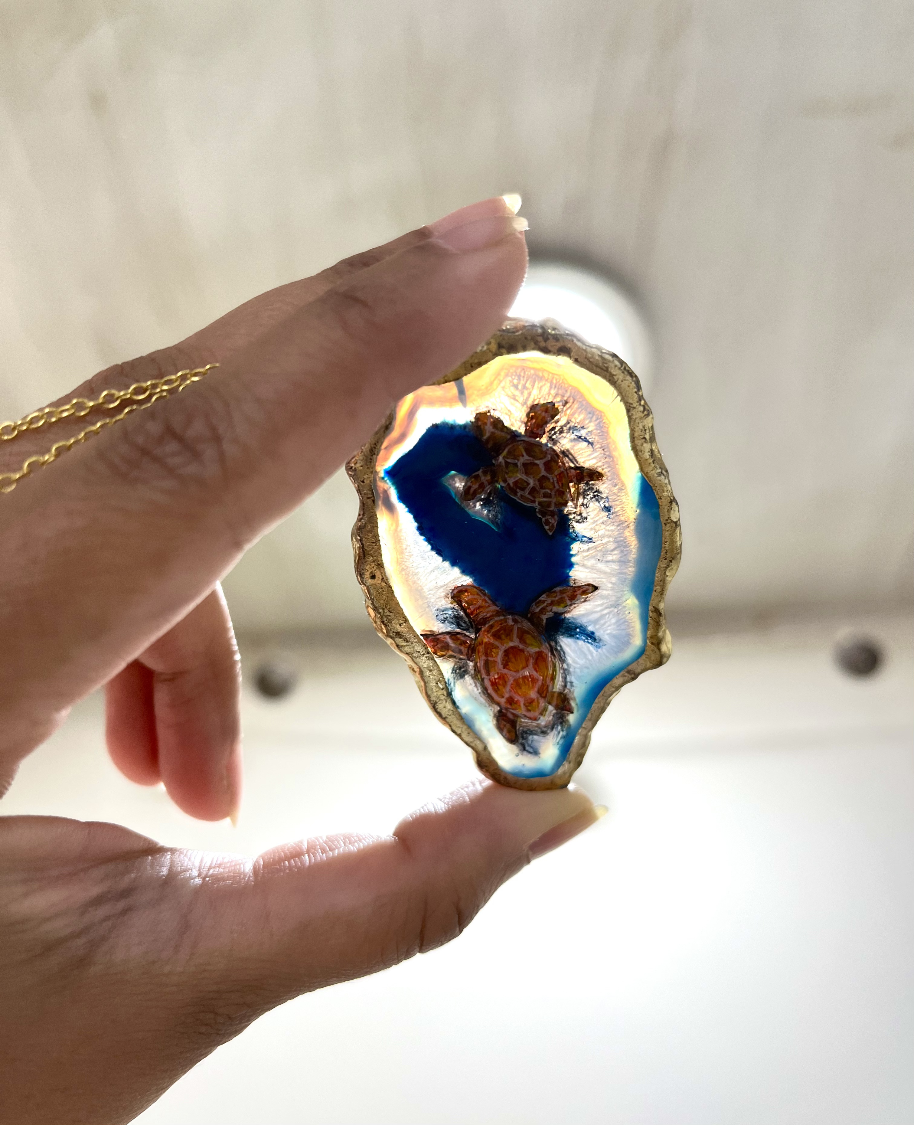 Handcrafted Sea Turtle Pendant - hand painted agate jewellery, gifts for ocean lover