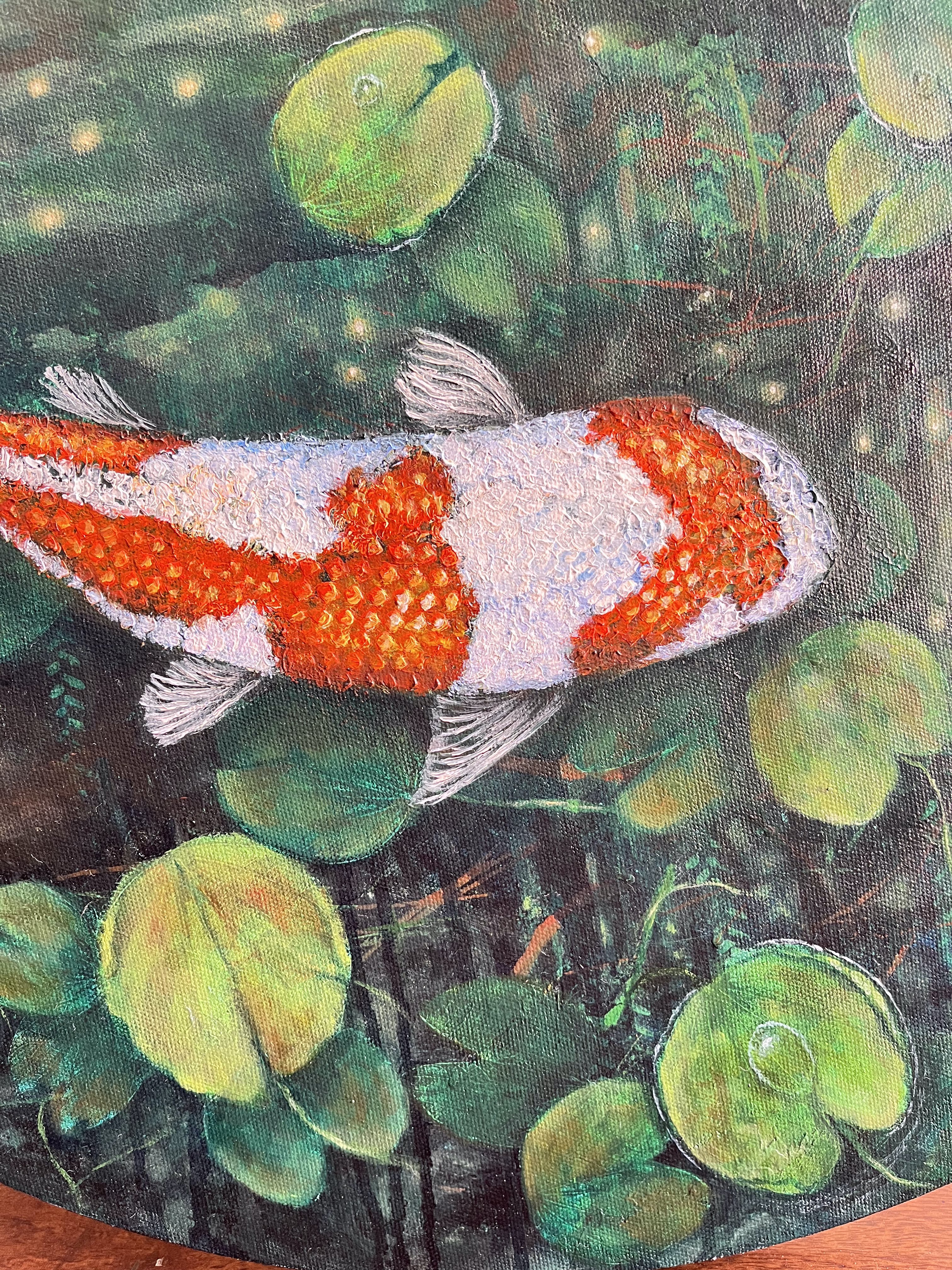 Zen Den- Tranquil Koi fish & the Dragon Fly painting on round canvas, Good luck wall art for home & office