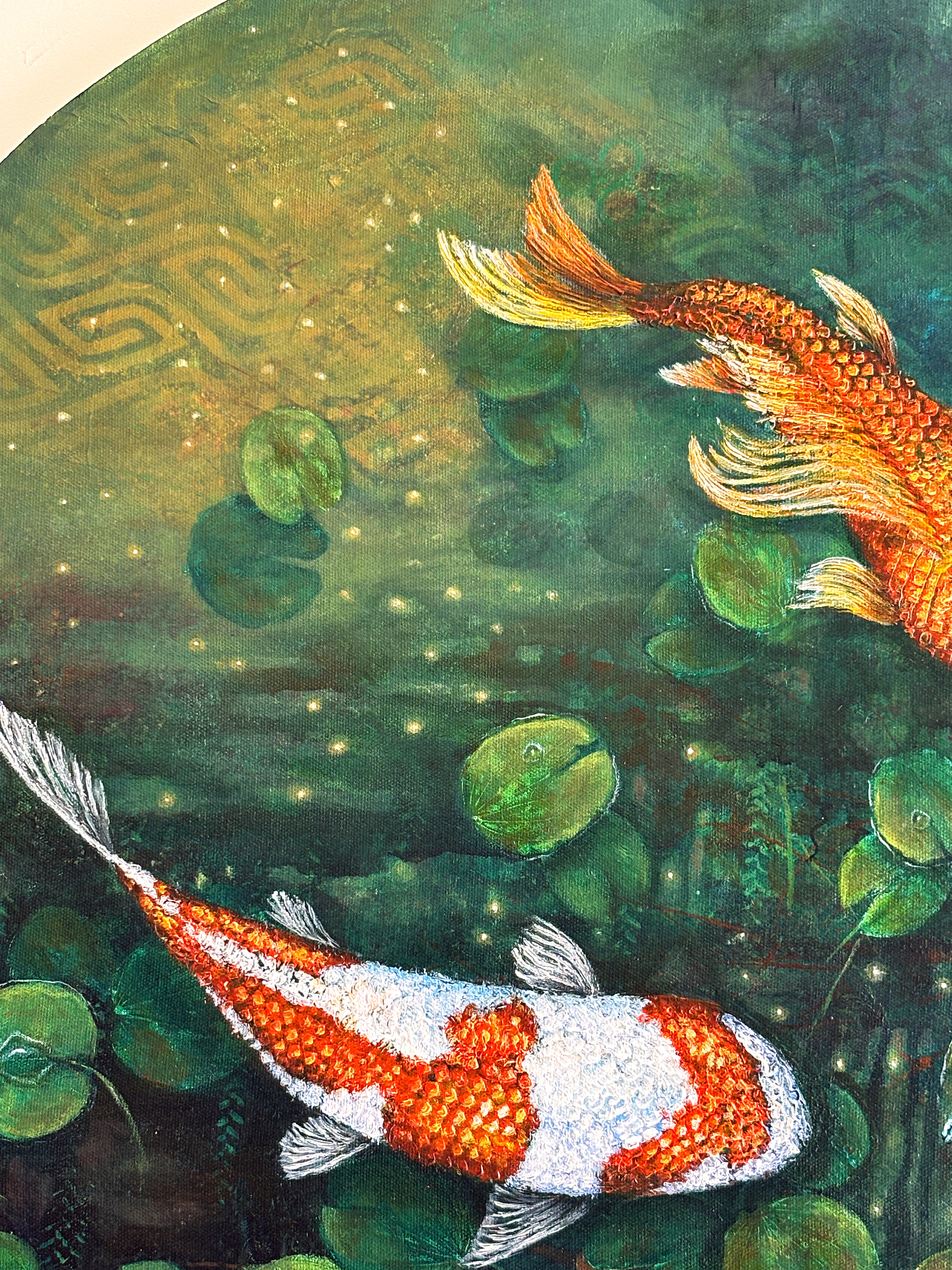 Zen Den- Tranquil Koi fish & the Dragon Fly painting on round canvas, Good luck wall art for home & office