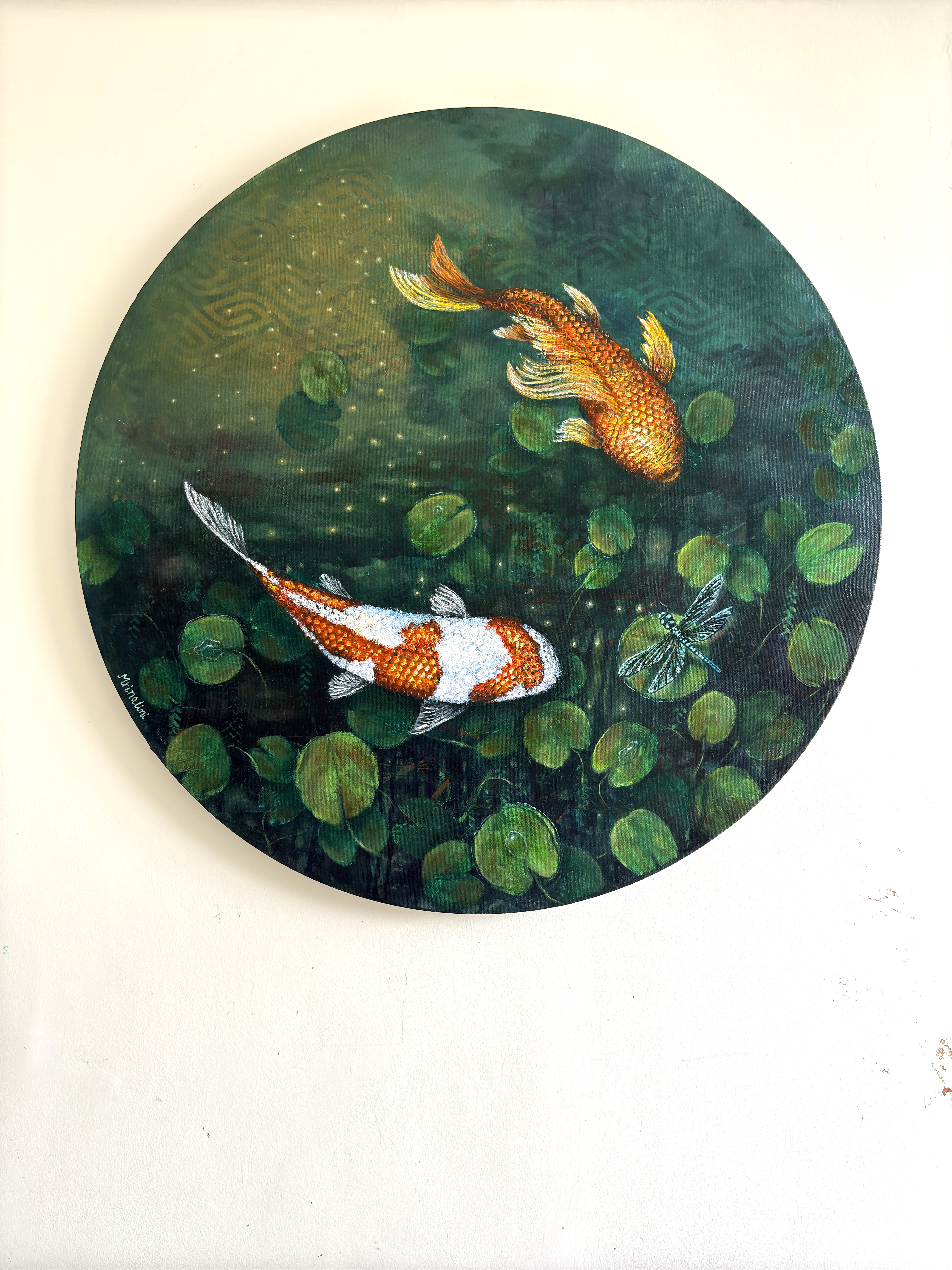 Zen Den- Tranquil Koi fish & the Dragon Fly painting on round canvas, Good luck wall art for home & office