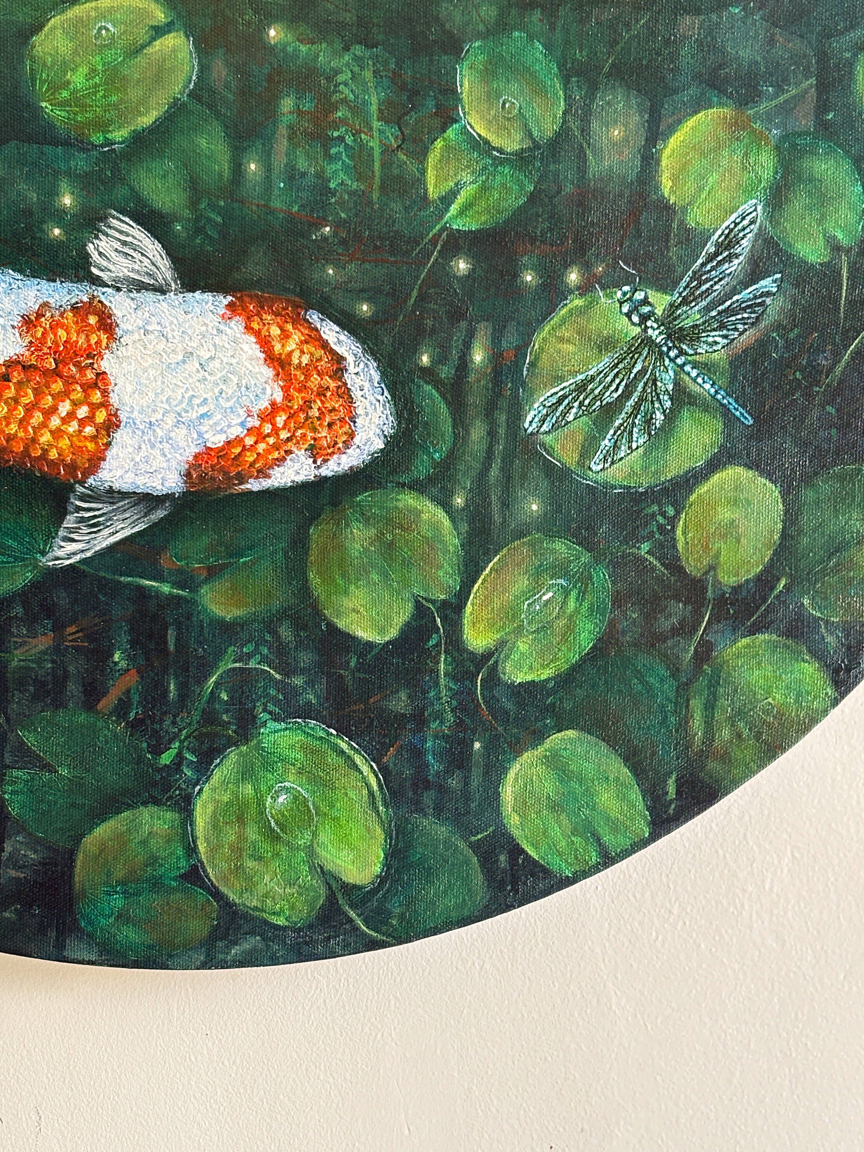 Zen Den- Tranquil Koi fish & the Dragon Fly painting on round canvas, Good luck wall art for home & office