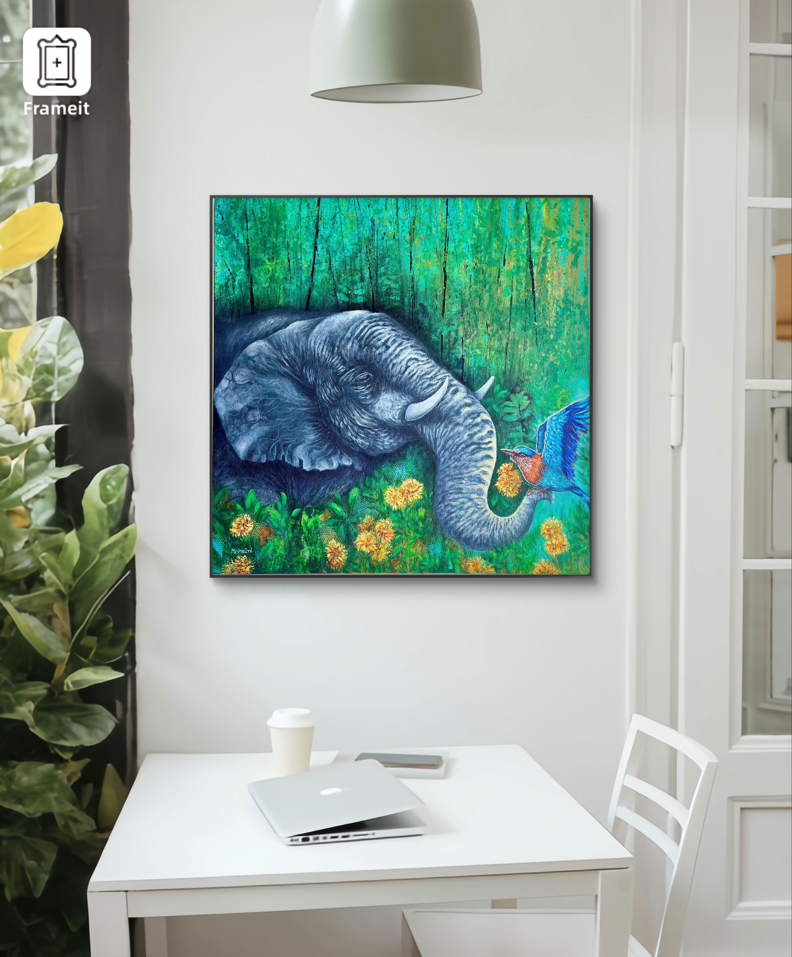 Elephant & Indian Roller bird painting on friendship, abstract realism contemporary wildlife wall art