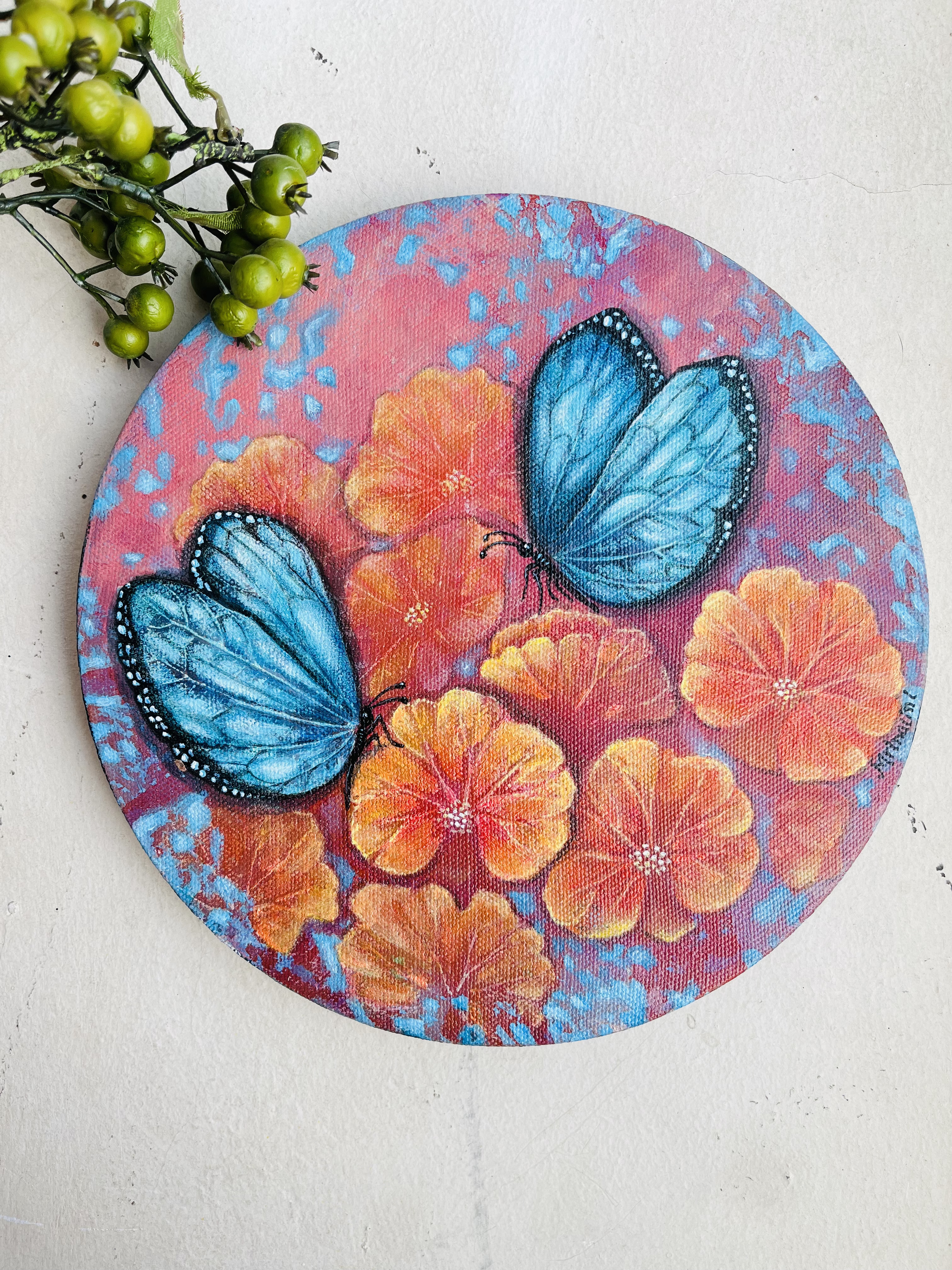 Life is a Garden - mixed media on round canvas painted with real leaves found in nature