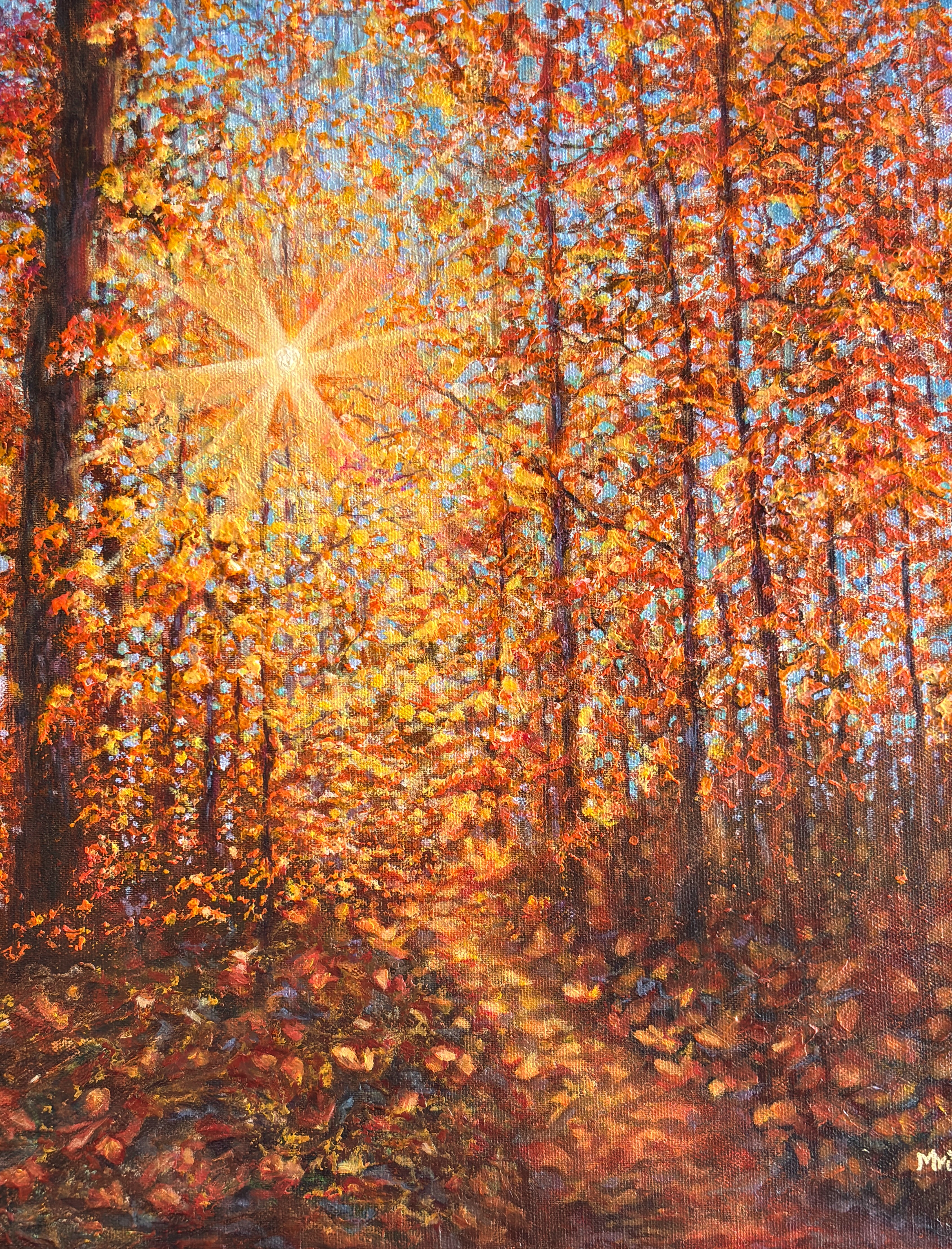Beautiful Autumn Forest Sunlight Mixed Media Painting