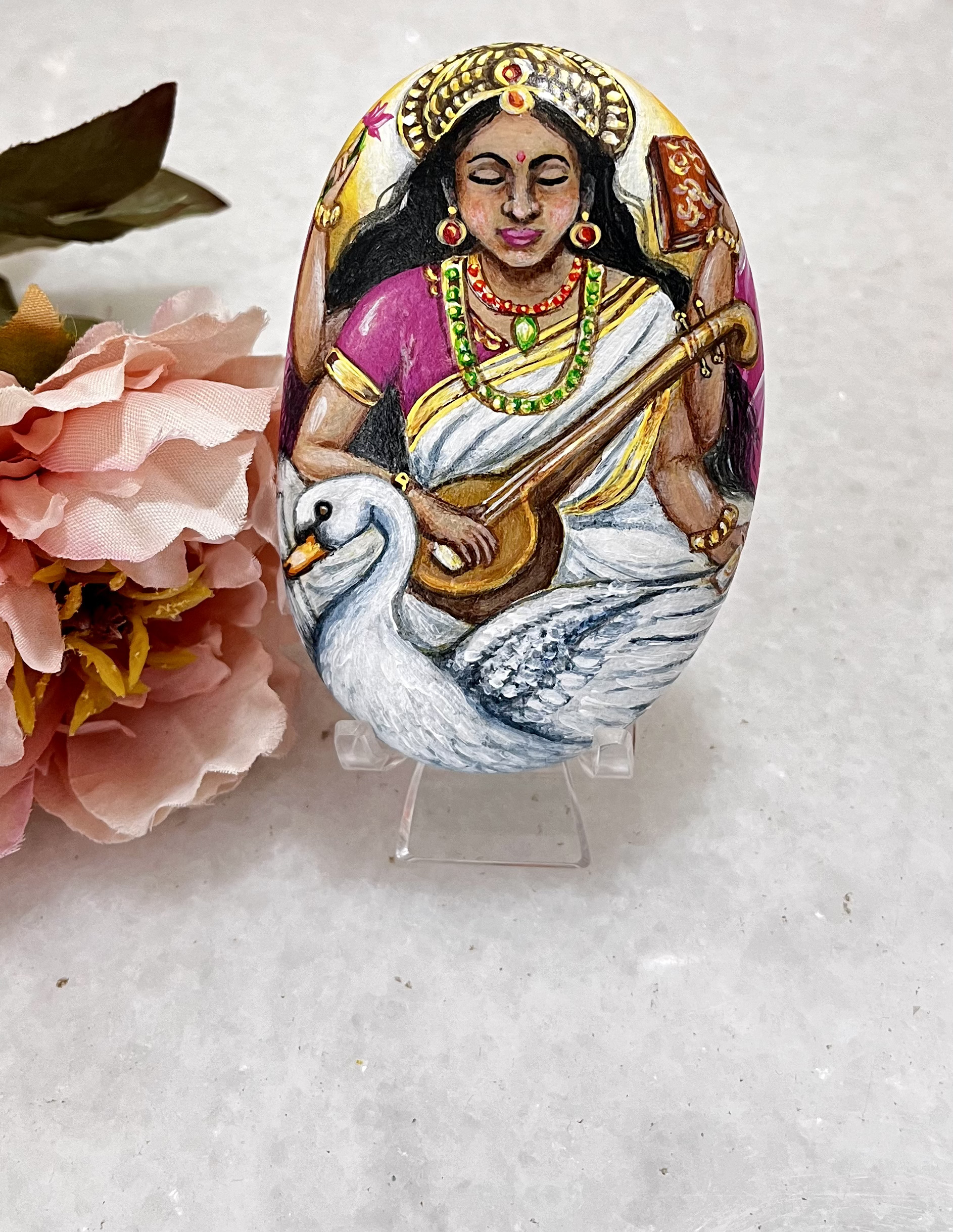 Hand-Painted Goddess Saraswati Stone Art, Hindu deity art, positive gifts for home, goddess of art, music, learning