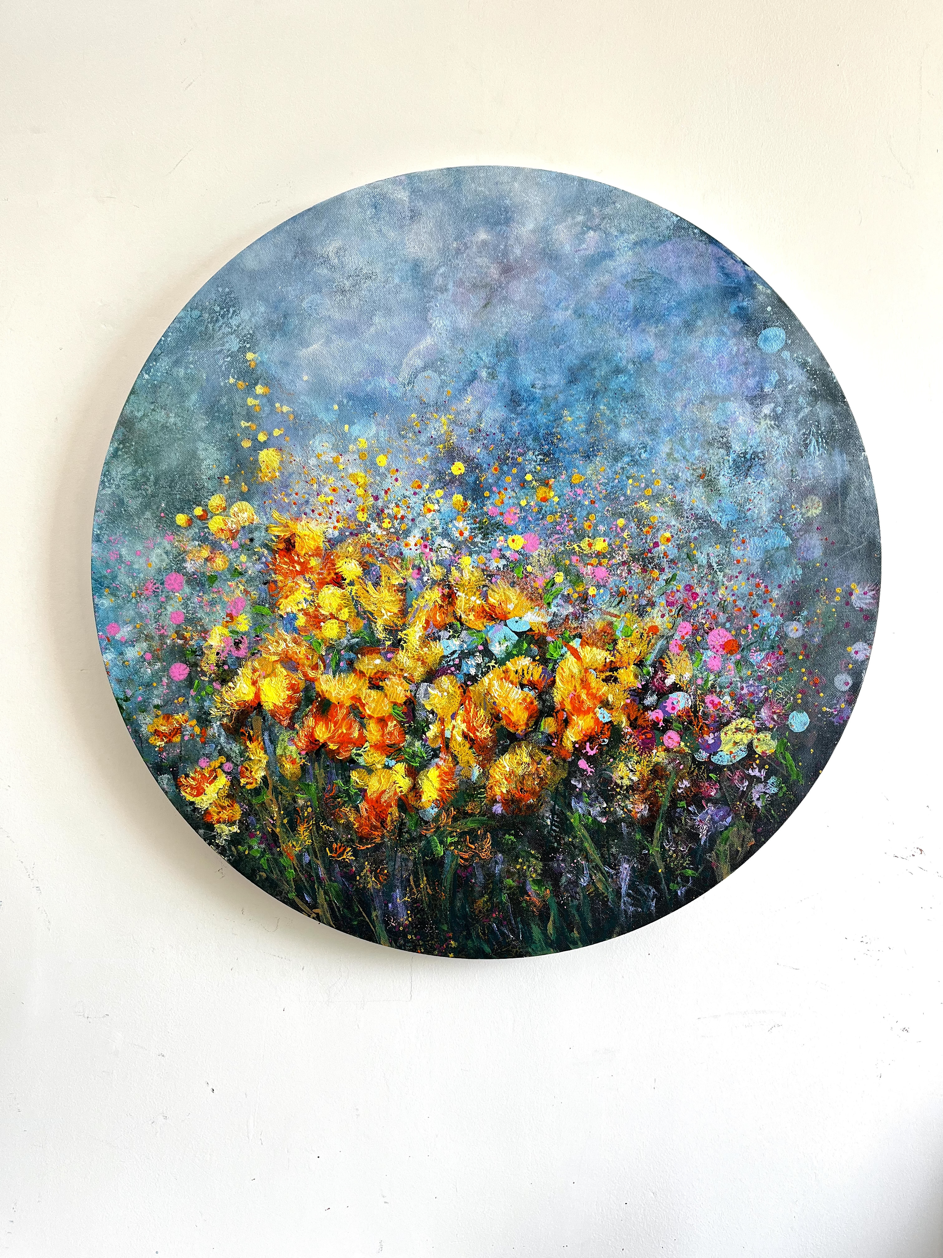 Original Abstract Floral expressive Painting on a round canvas