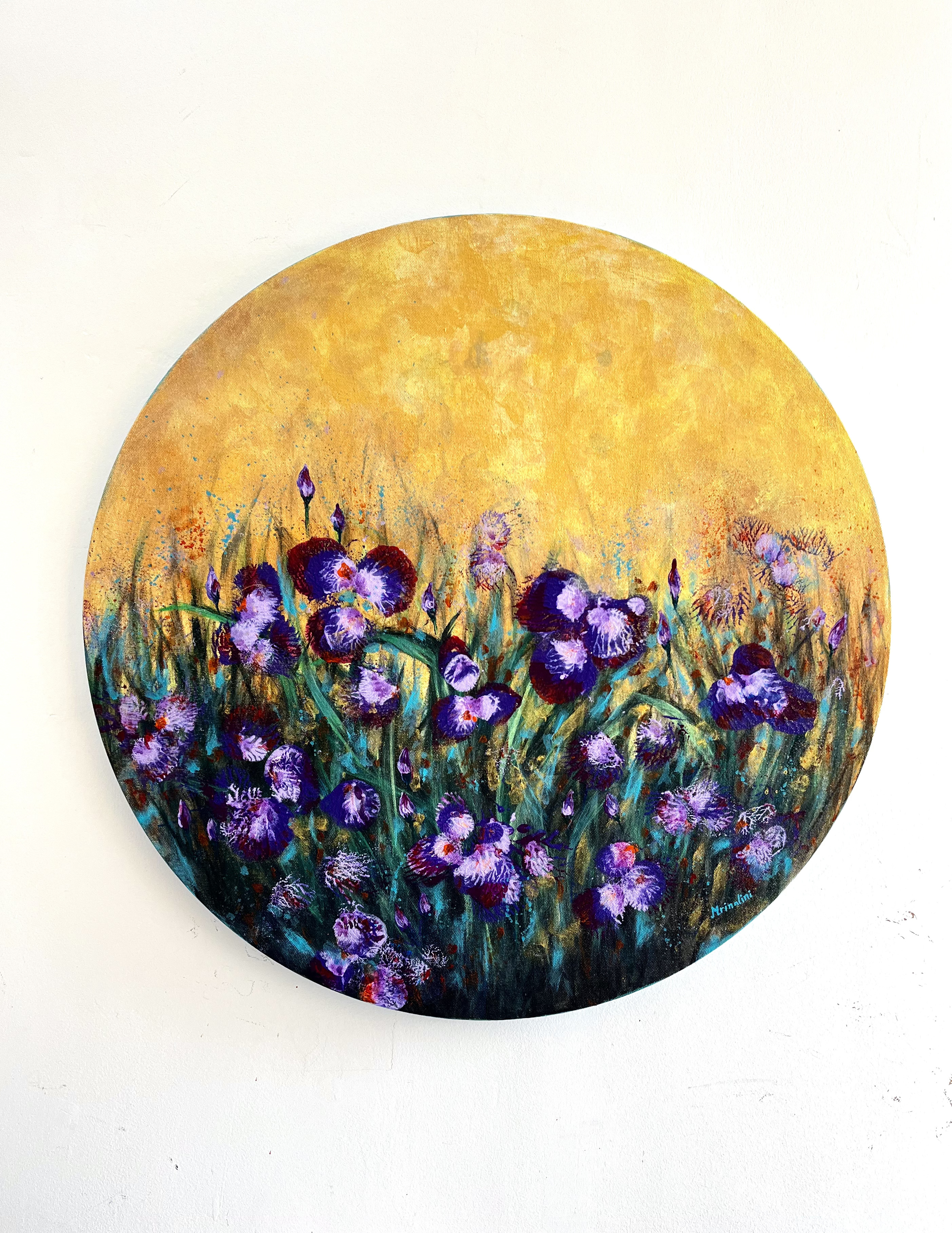 Abstract Iris Floral painting on a Round Canvas