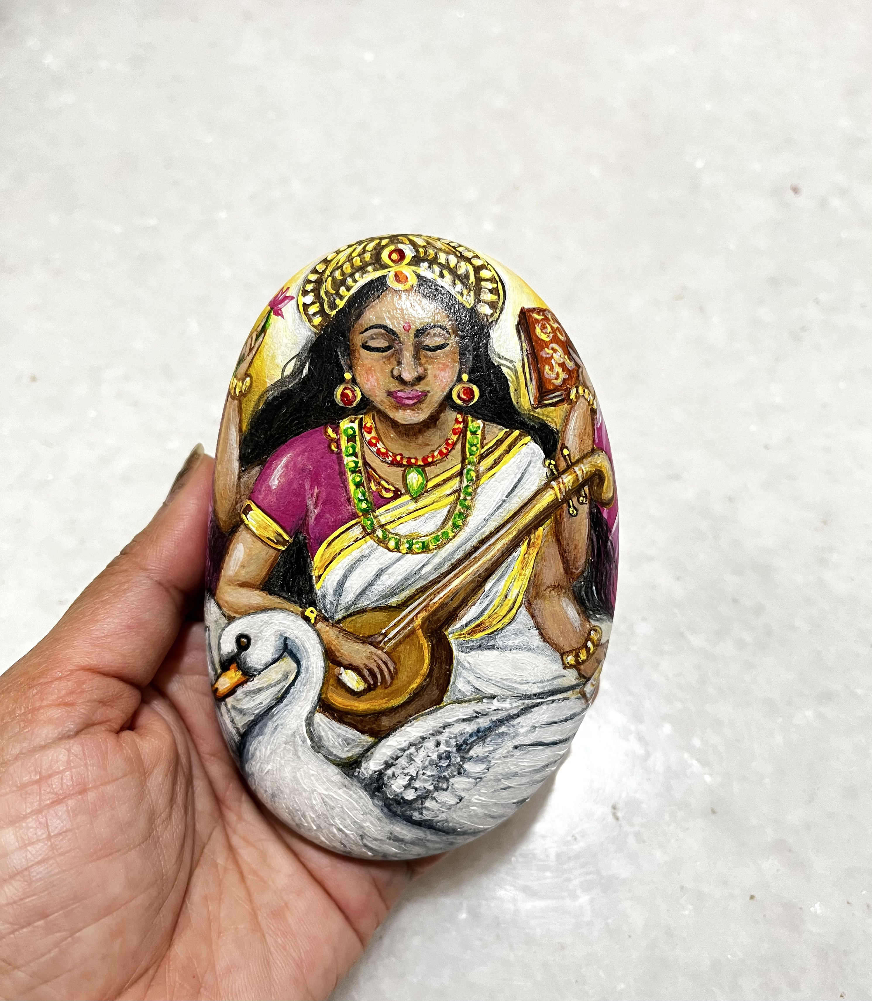 Hand-Painted Goddess Saraswati Stone Art, Hindu deity art, positive gifts for home, goddess of art, music, learning