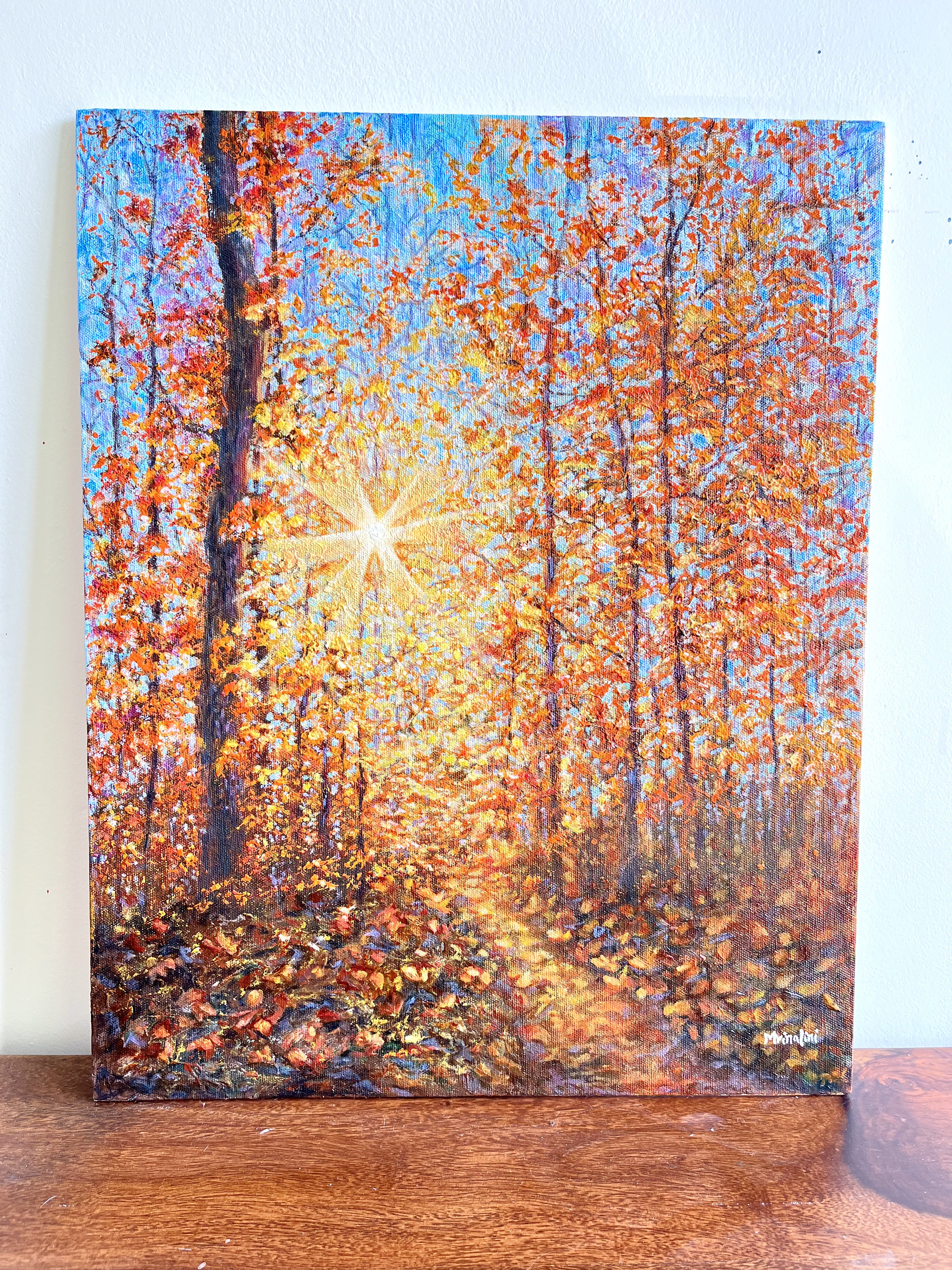 Beautiful Autumn Forest Sunlight Mixed Media Painting