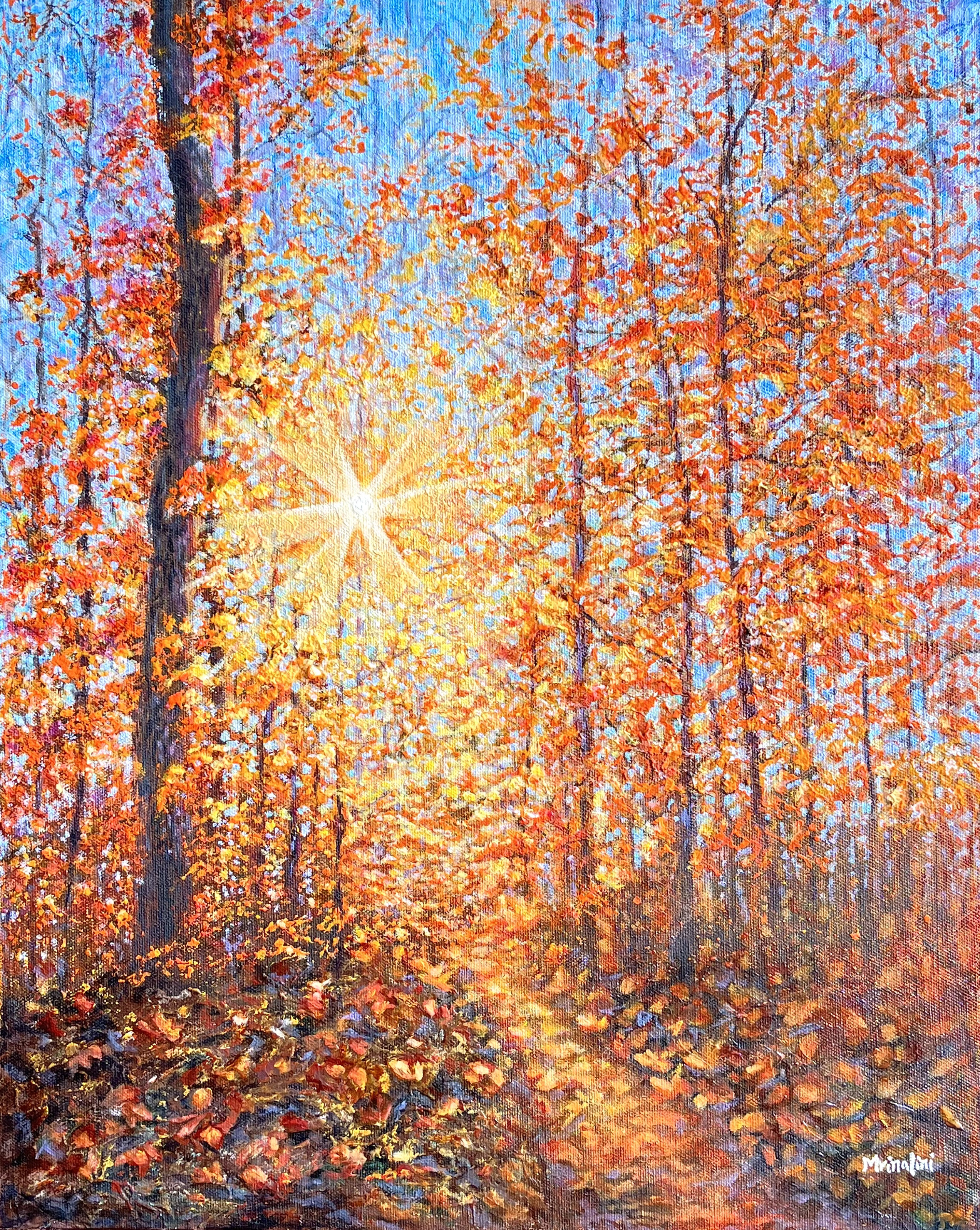 Beautiful Autumn Forest Sunlight Mixed Media Painting
