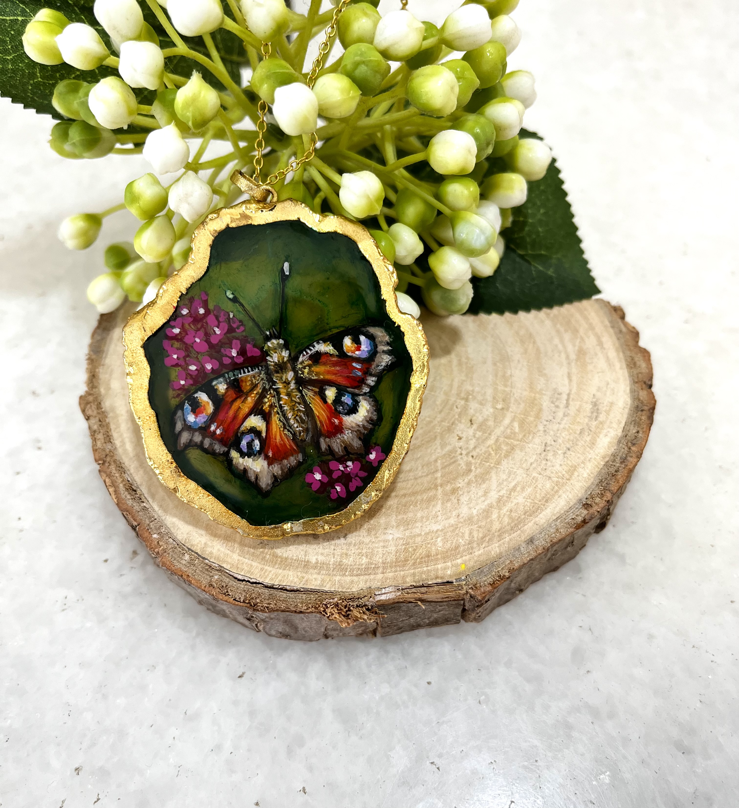 Peacock butterfly necklace, hand painted agate stone necklace, butterfly spirit stone necklace, bug gifts for them, butterfly painted stone