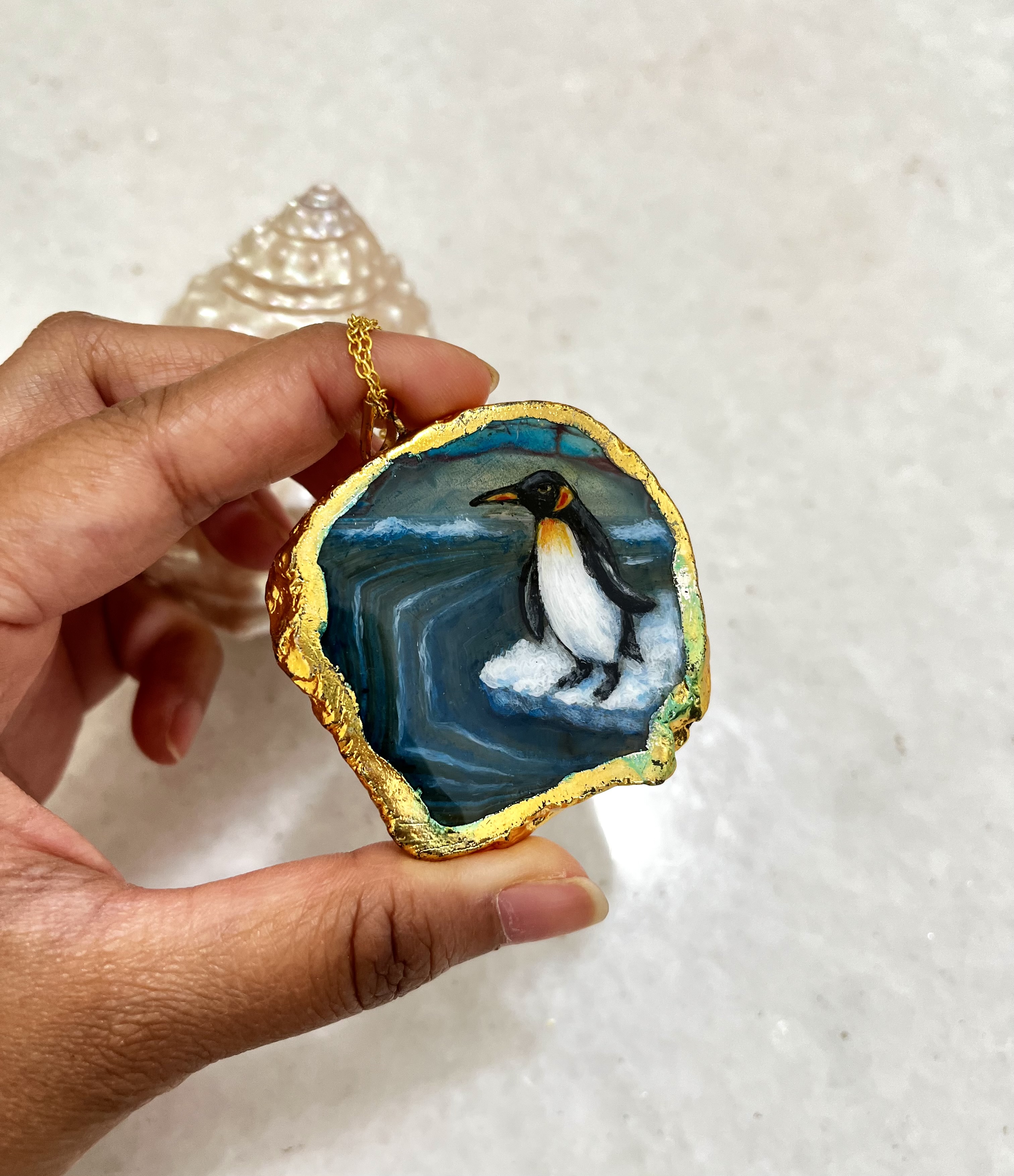 Penguin hand painted agate necklace, hand painted bird jewellery, penguin painted stone, bird jewellery for her, Penguin gifts