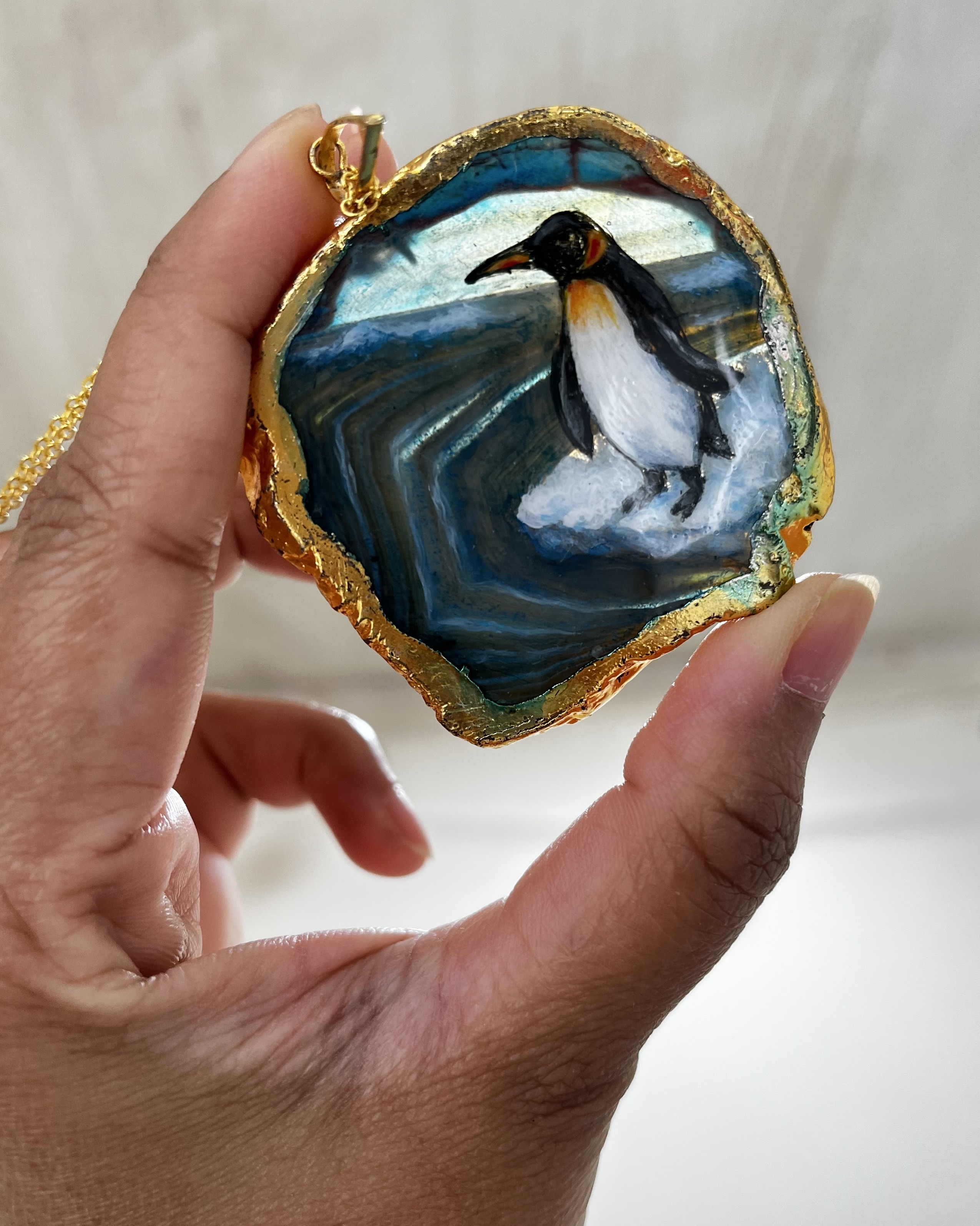 Penguin hand painted agate necklace, hand painted bird jewellery, penguin painted stone, bird jewellery for her, Penguin gifts
