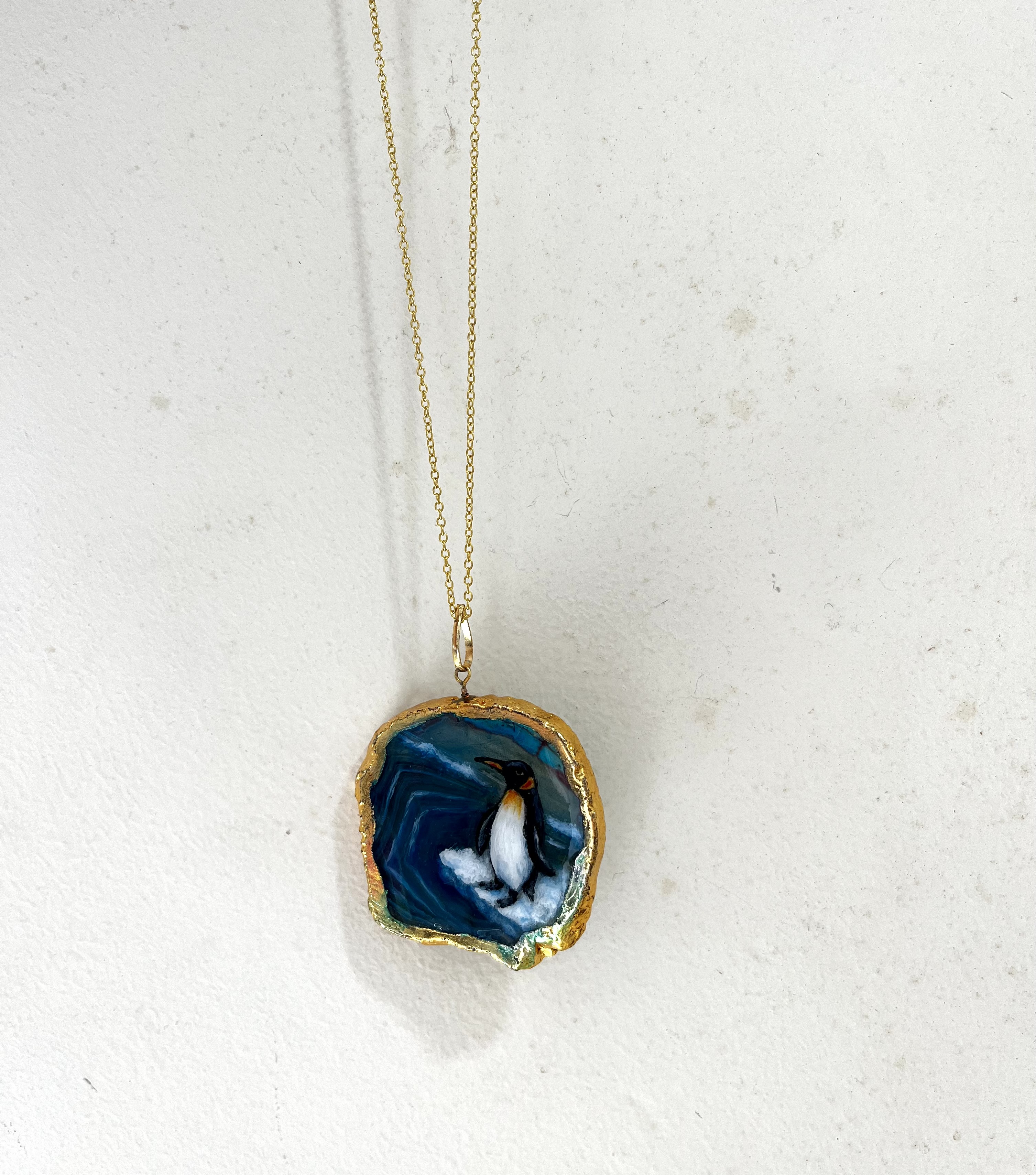 Penguin hand painted agate necklace, hand painted bird jewellery, penguin painted stone, bird jewellery for her, Penguin gifts
