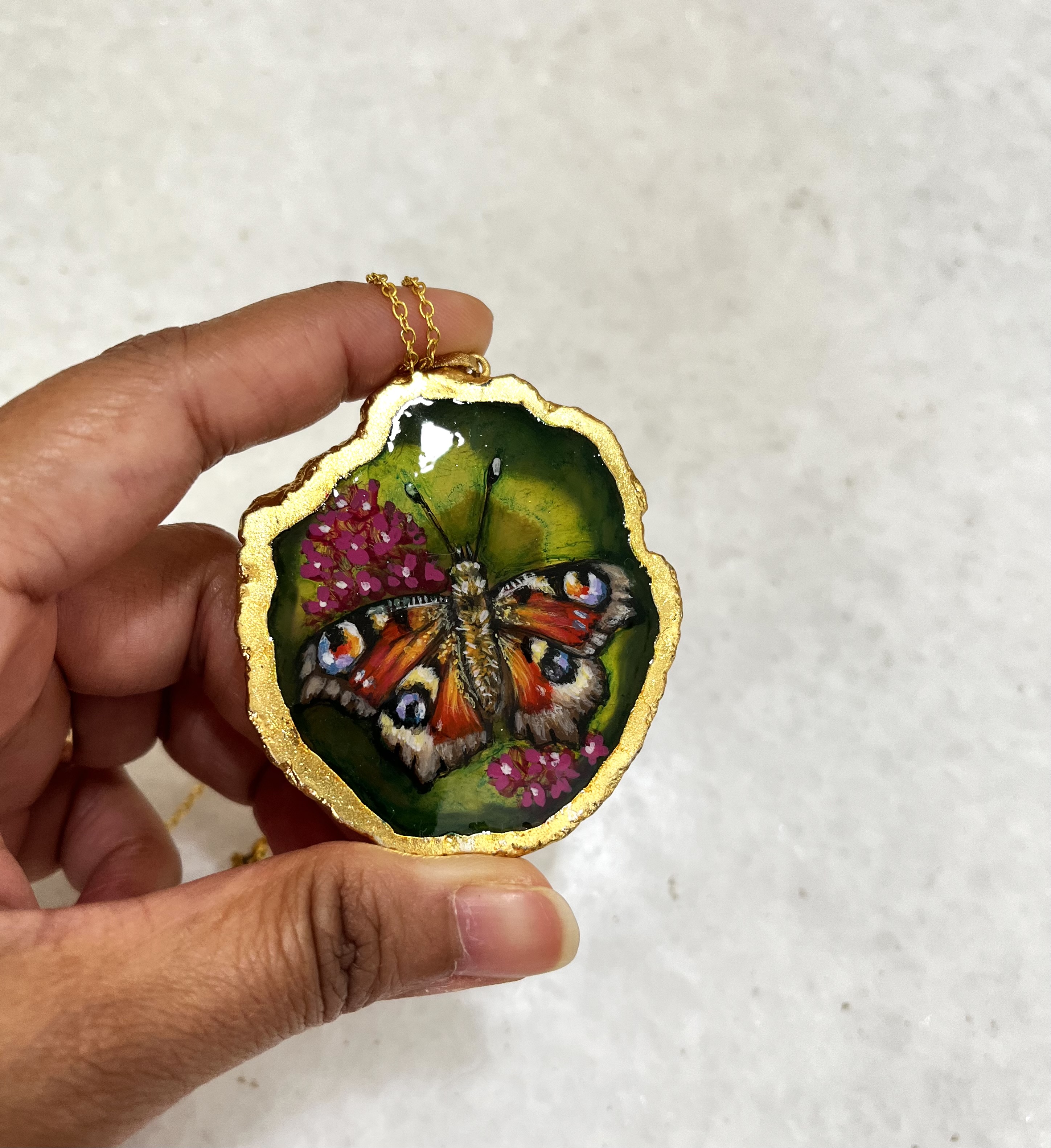 Peacock butterfly necklace, hand painted agate stone necklace, butterfly spirit stone necklace, bug gifts for them, butterfly painted stone