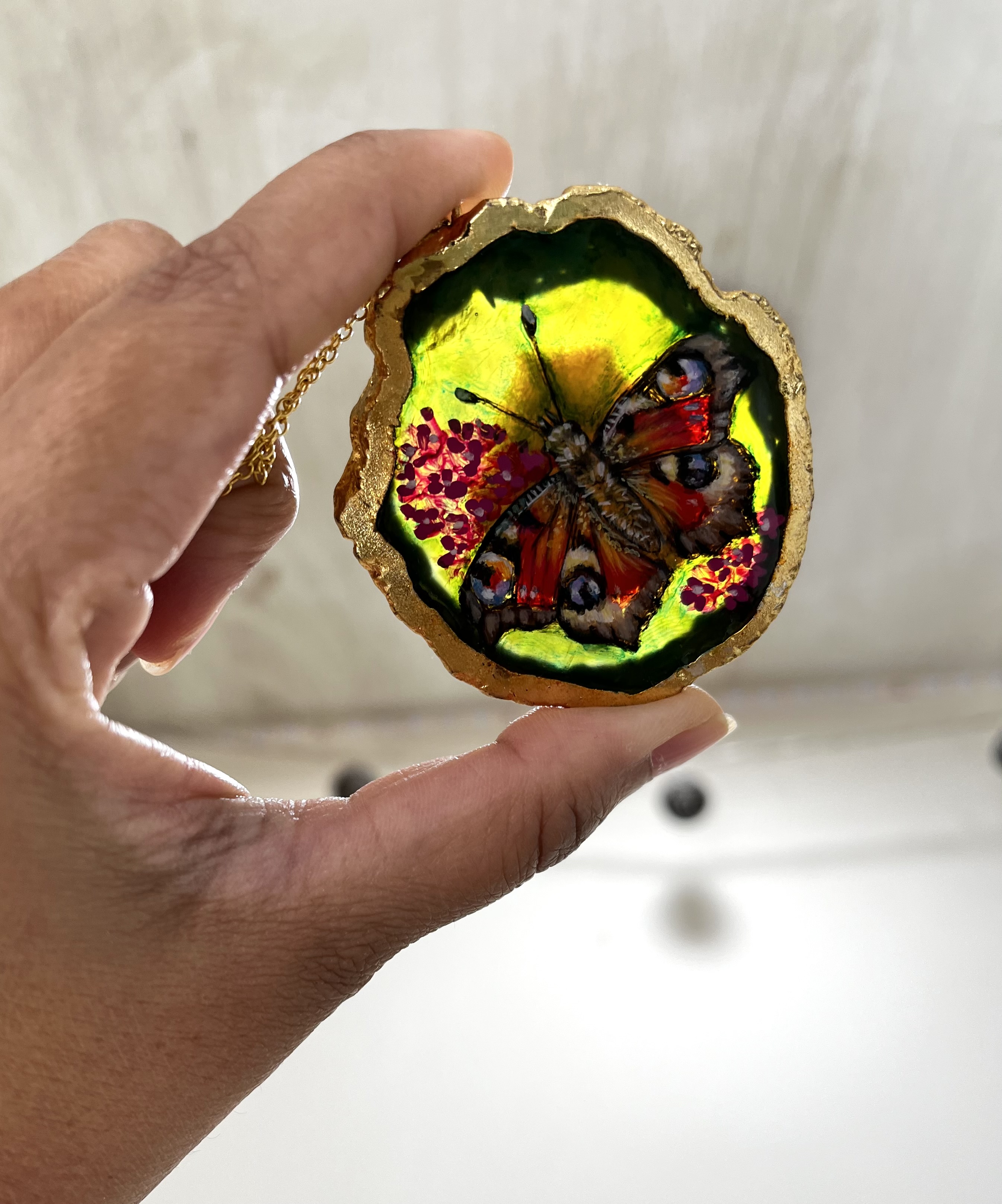 Peacock butterfly necklace, hand painted agate stone necklace, butterfly spirit stone necklace, bug gifts for them, butterfly painted stone