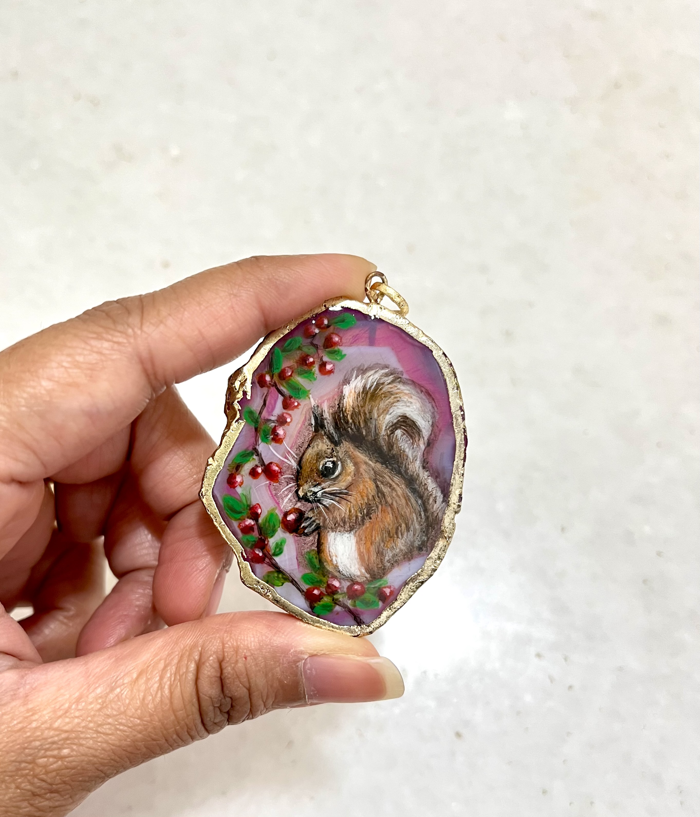 Hand-painted Squirrel Pendant on natural agate stone
