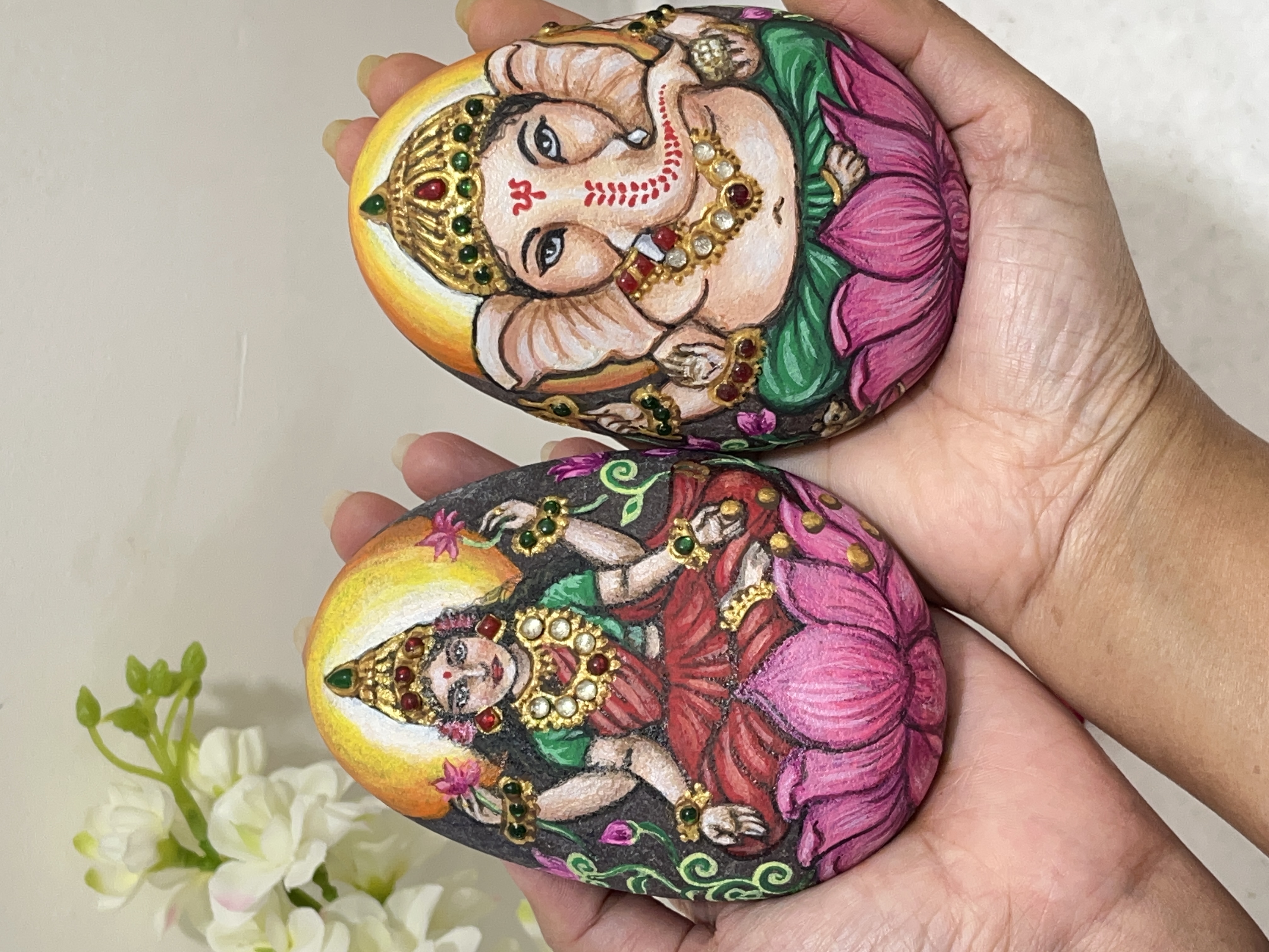 Hand-painted Ganesh and Lakshmi Decorative Stones - unique divine art | spiritual gifts