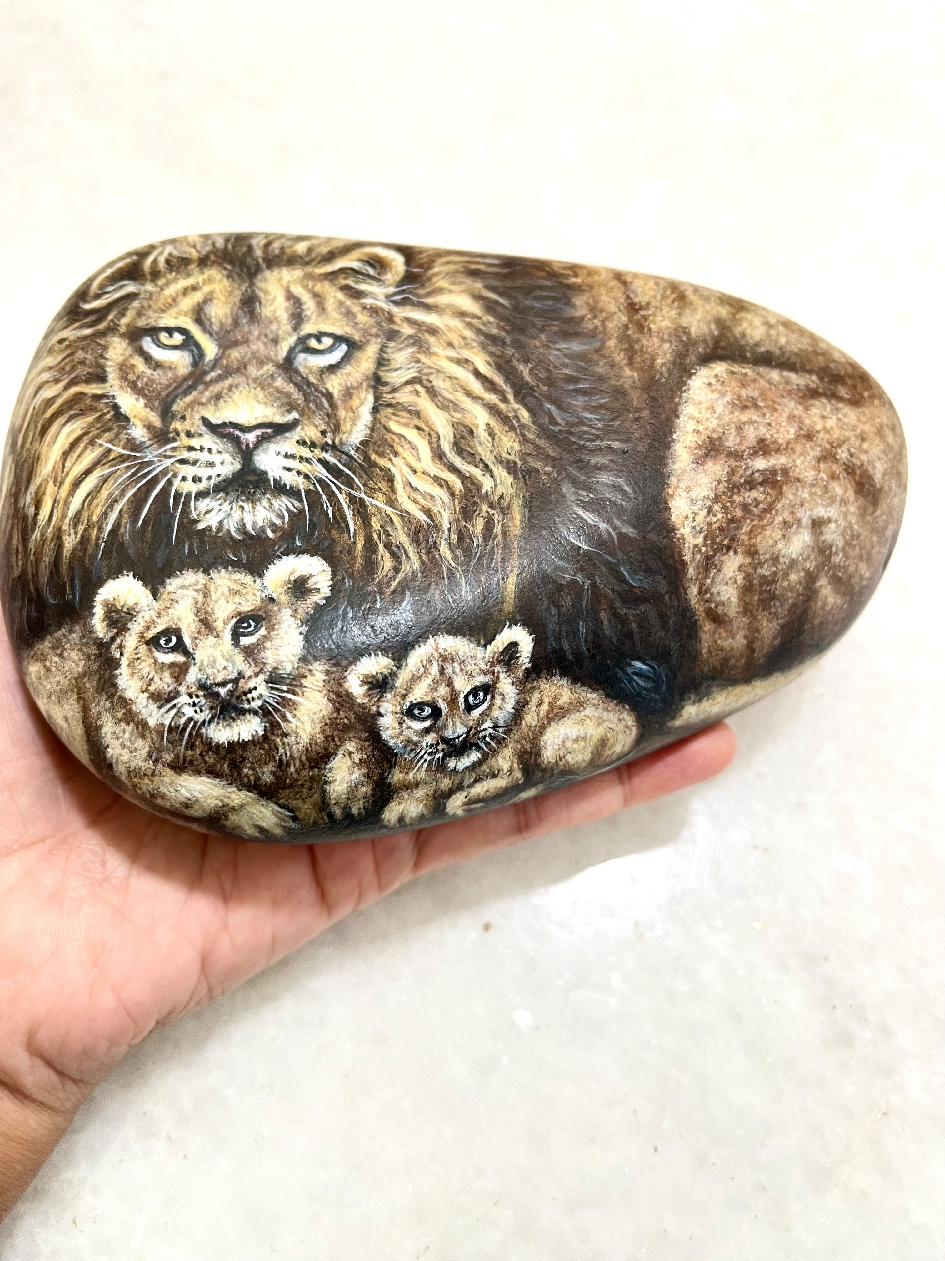 Hand-Painted Lion Family Decorative Stone - a gift to celebrate family love