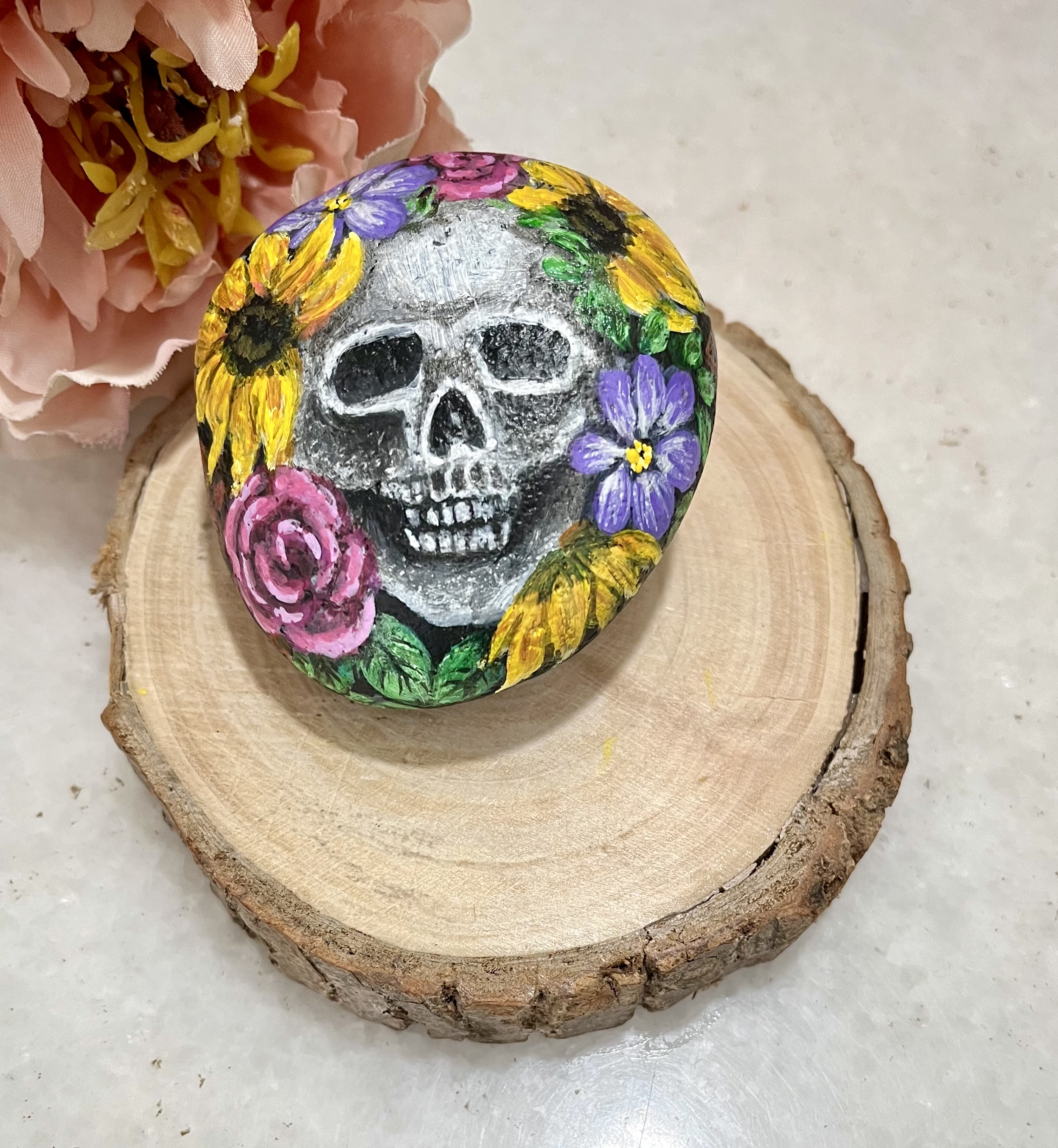 Skull Floral painting on stone - Decorative Stone for Halloween season