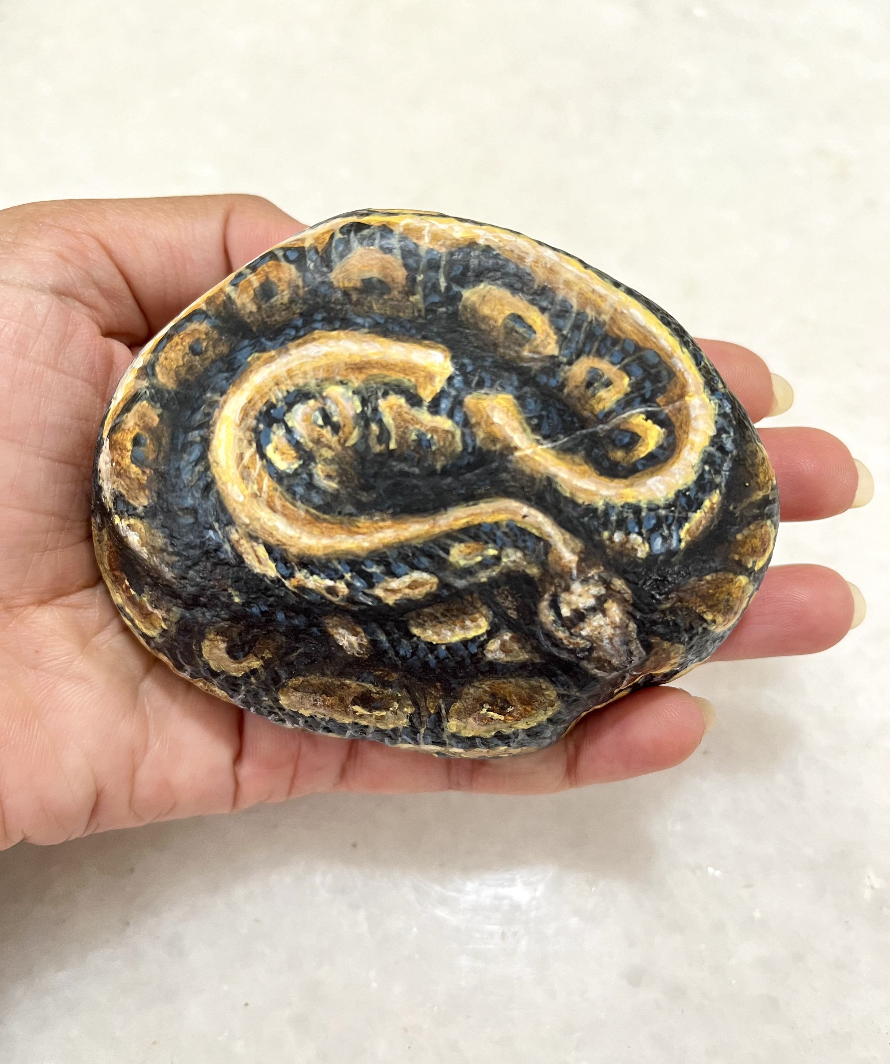 Snake painted rock, coiled snake collectible, quirky paperweight, snake stone art, gifts for reptile lovers