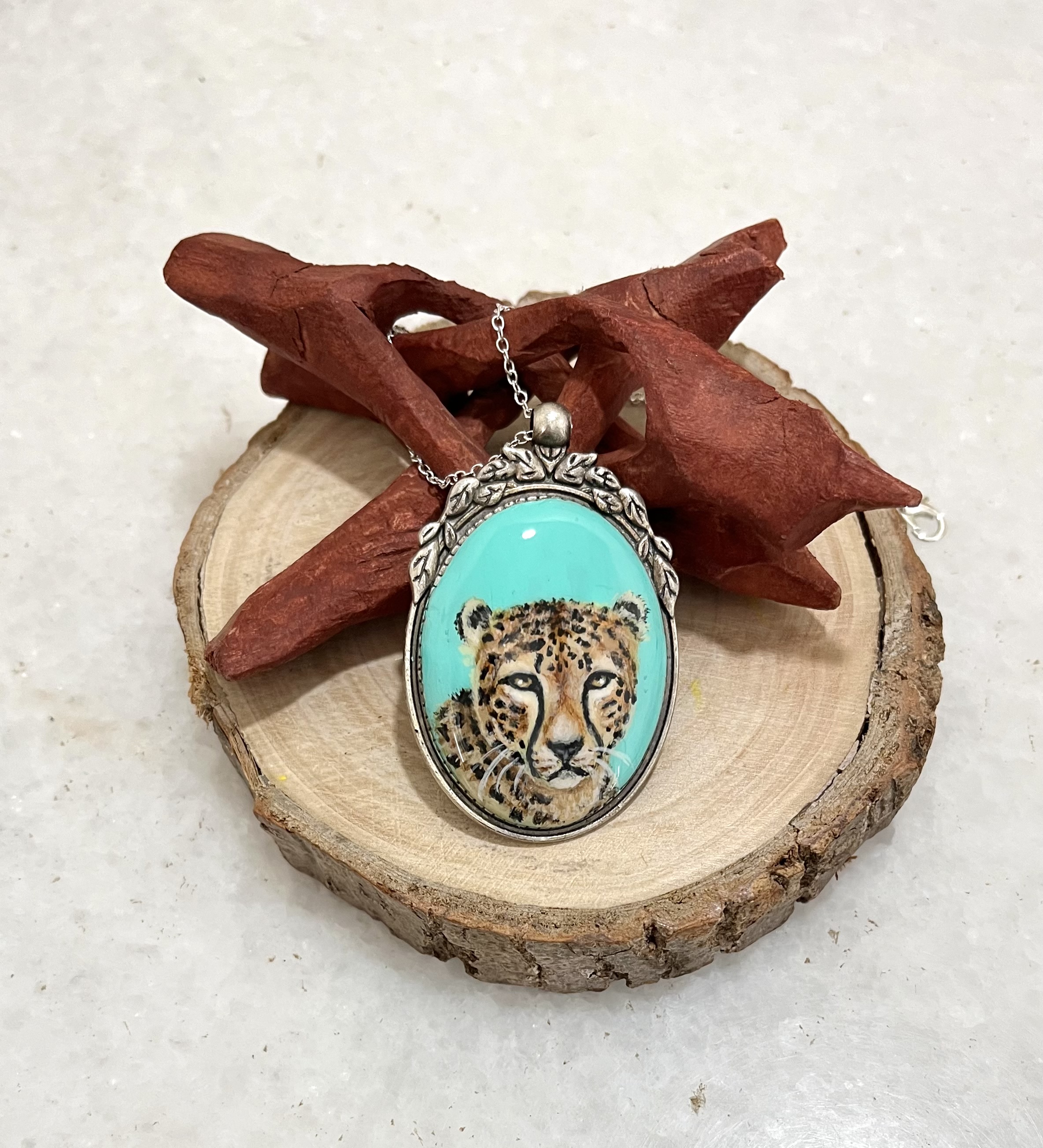 Hand-painted Cheetah Pendant Necklace - Gift for Wildlife lovers