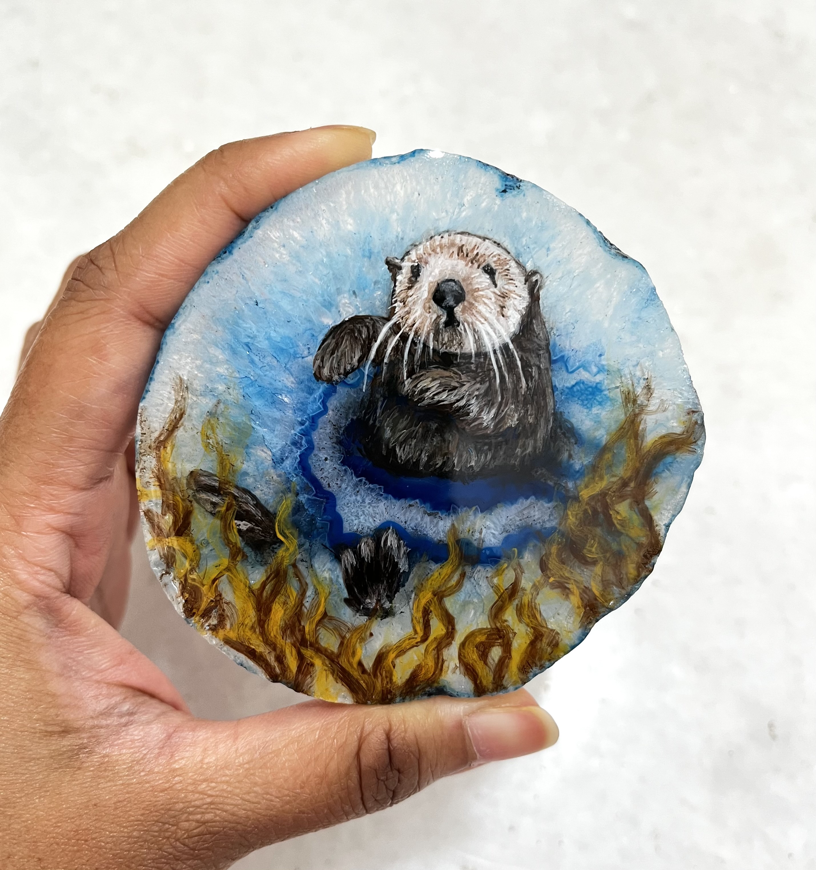 Hand-painted Otter Stone painting on natural Agate stone, Wildlife art, Otter painted stone, gift for otter lover