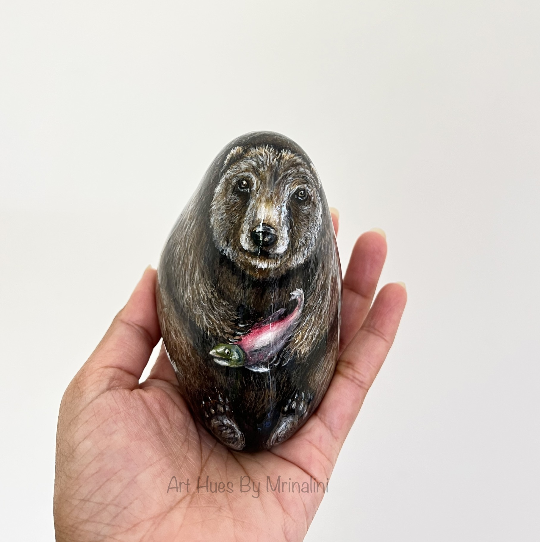 Hand-painted Brown Bear Rock painting - gift for wildlife art collectors