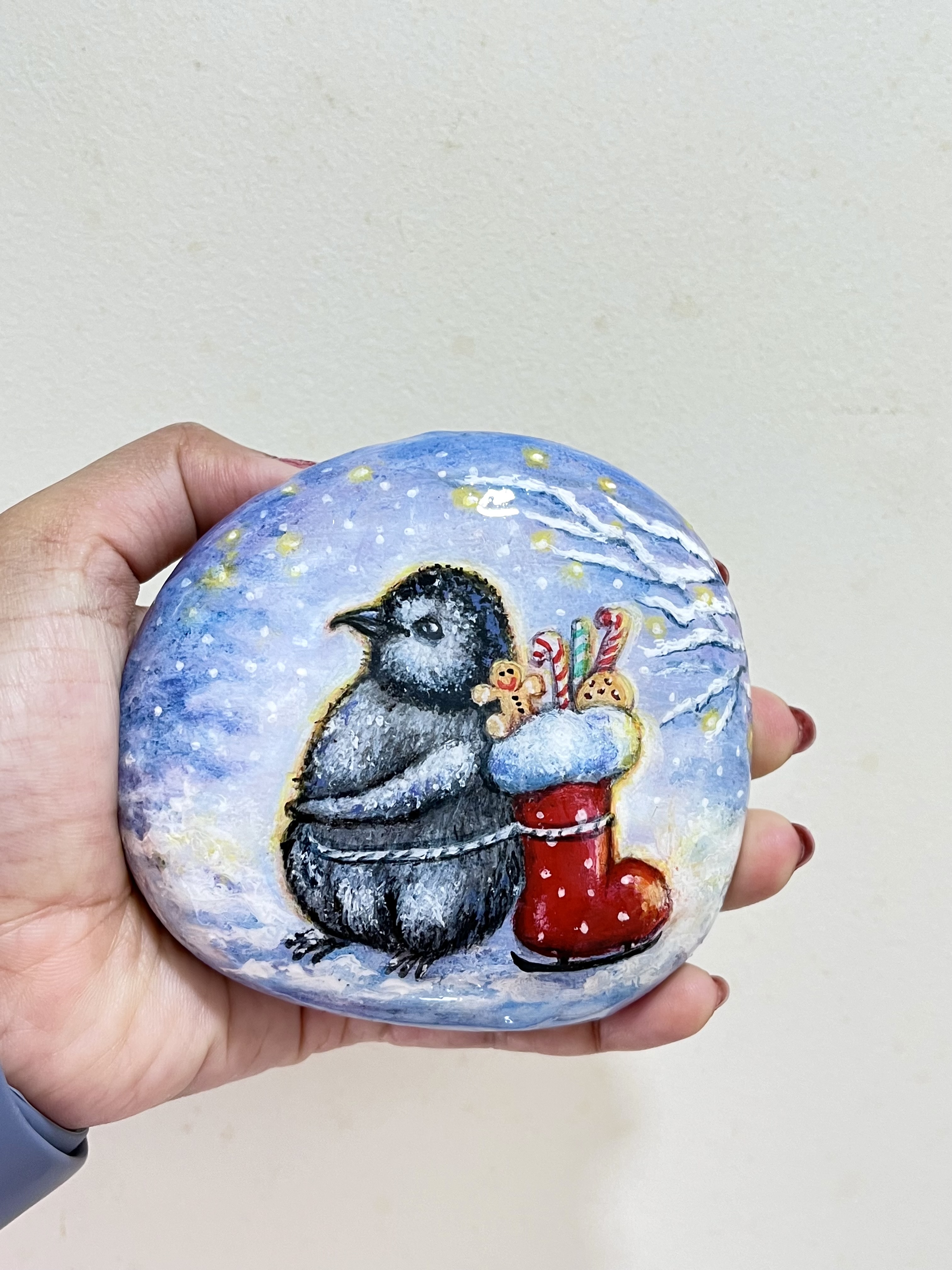 Hand-painted Christmas Penguin Rock - Holiday handmade gifts for friends, family