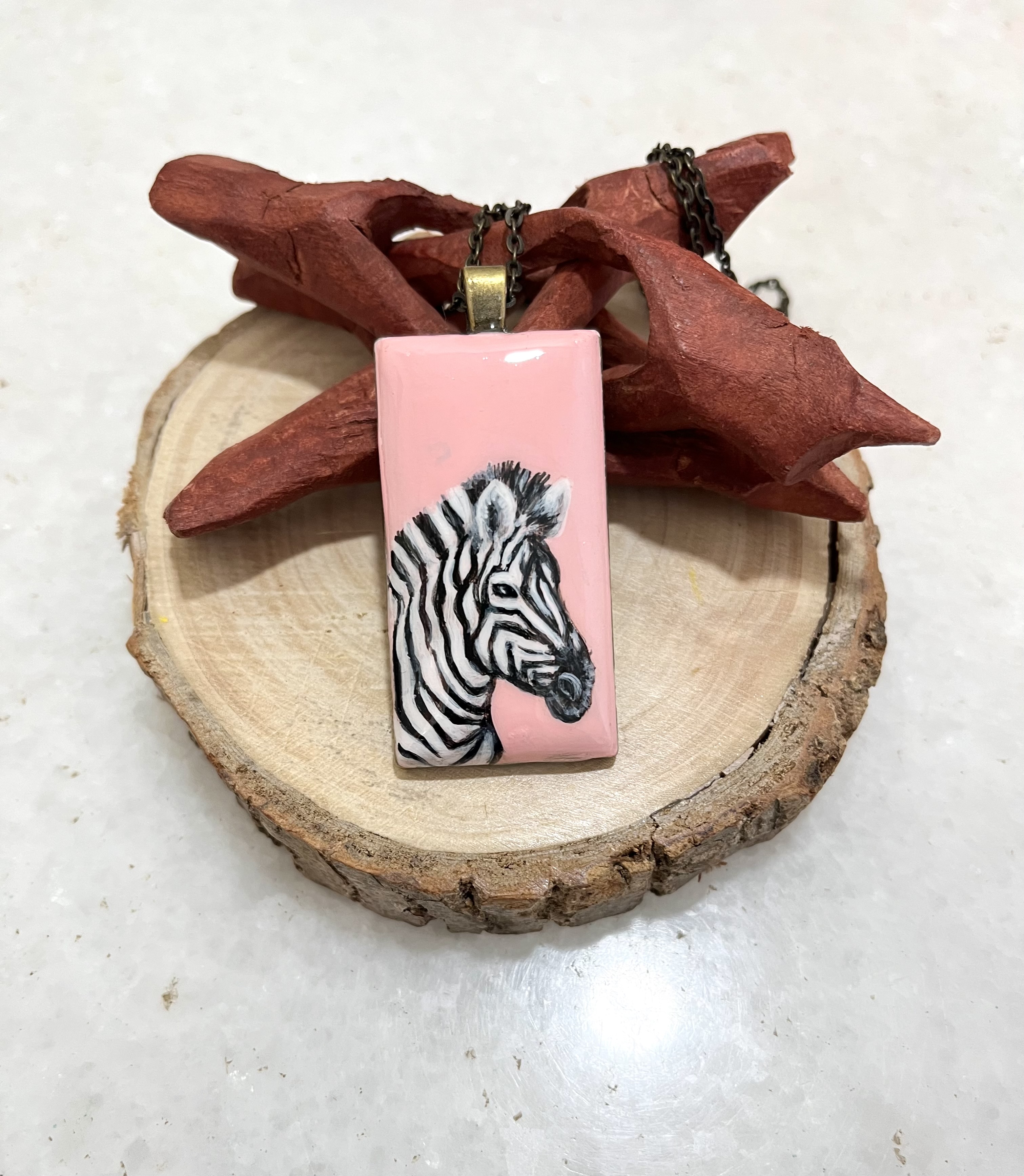 Hand-painted Zebra Pendant Necklace