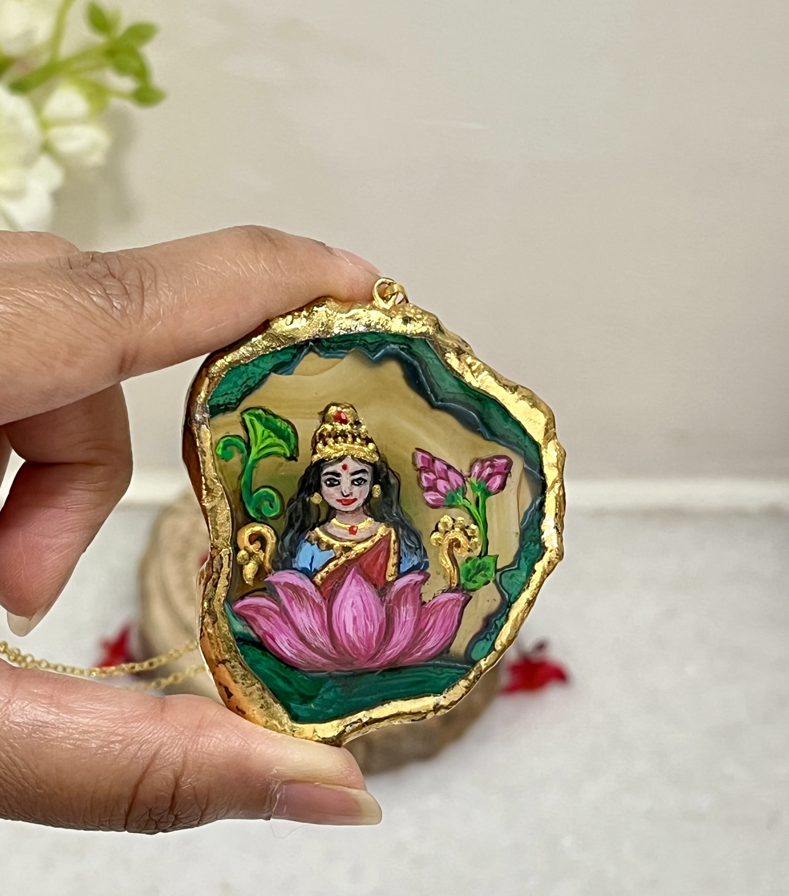 Hand-Painted Lakshmi Goddess Pendant on agate stone -Divine jewellery