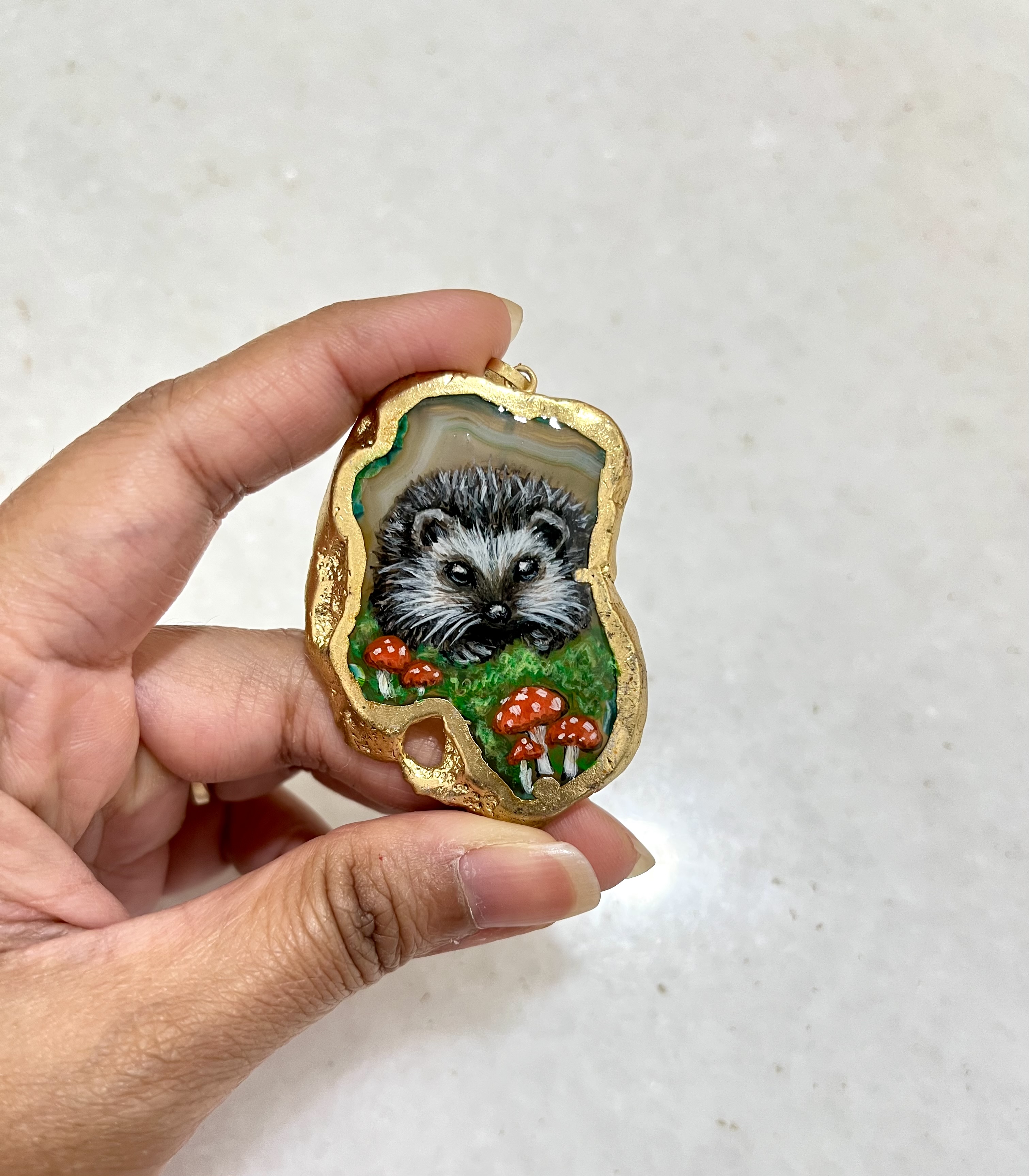 Hand-painted Hedgehog pendant necklace on agate stone