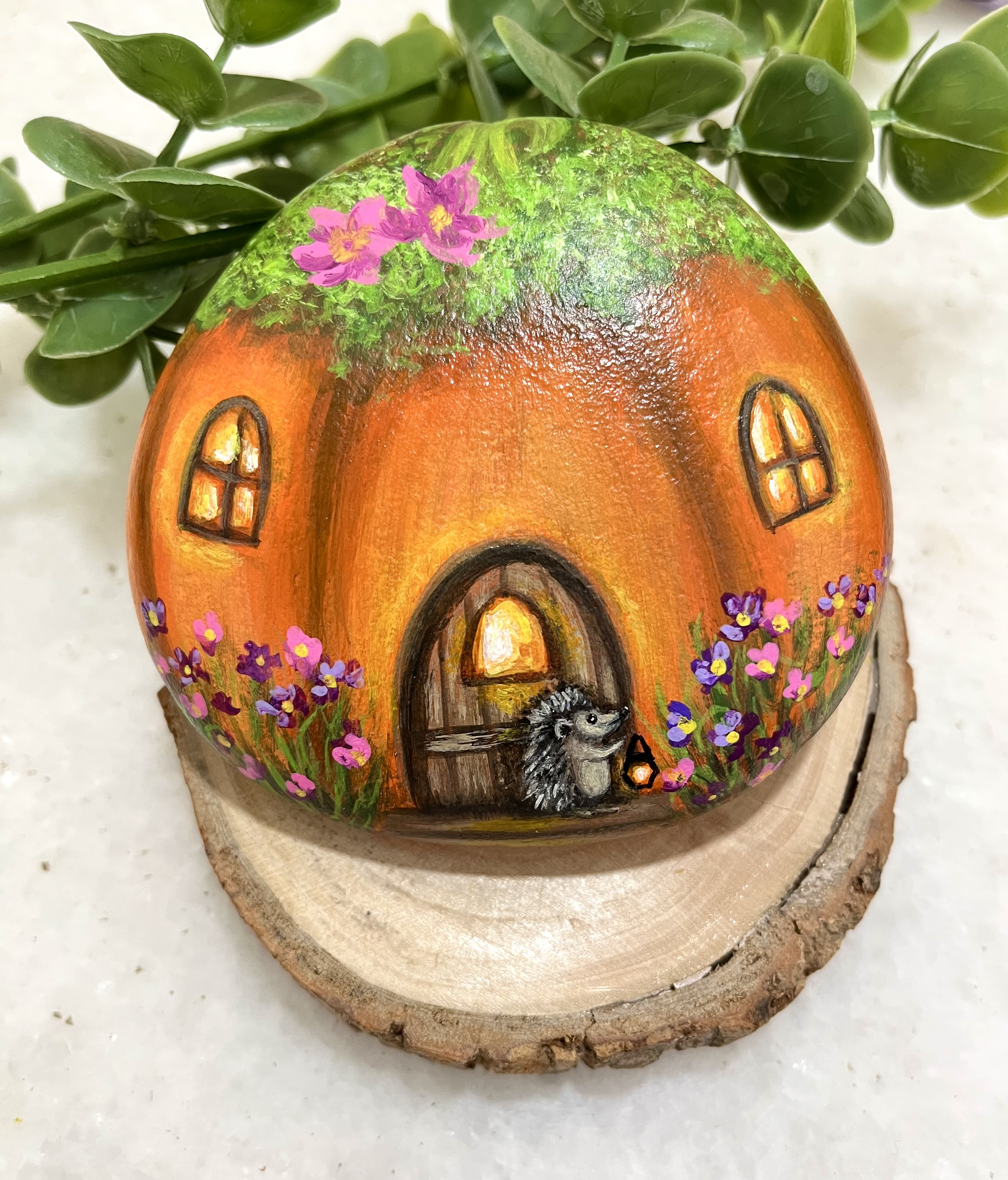Hand-painted Hedgehog Fairy House Stone