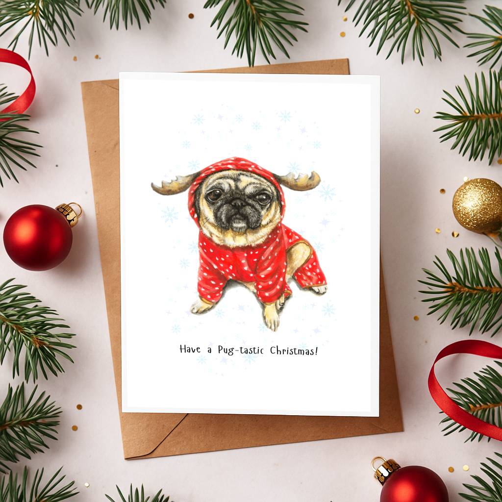 Pug Christmas Greeting Card 5×7 | Dog Lover Holiday Card | Reindeer Pug Art Print | Funny Xmas Greeting | Animal Illustration Card