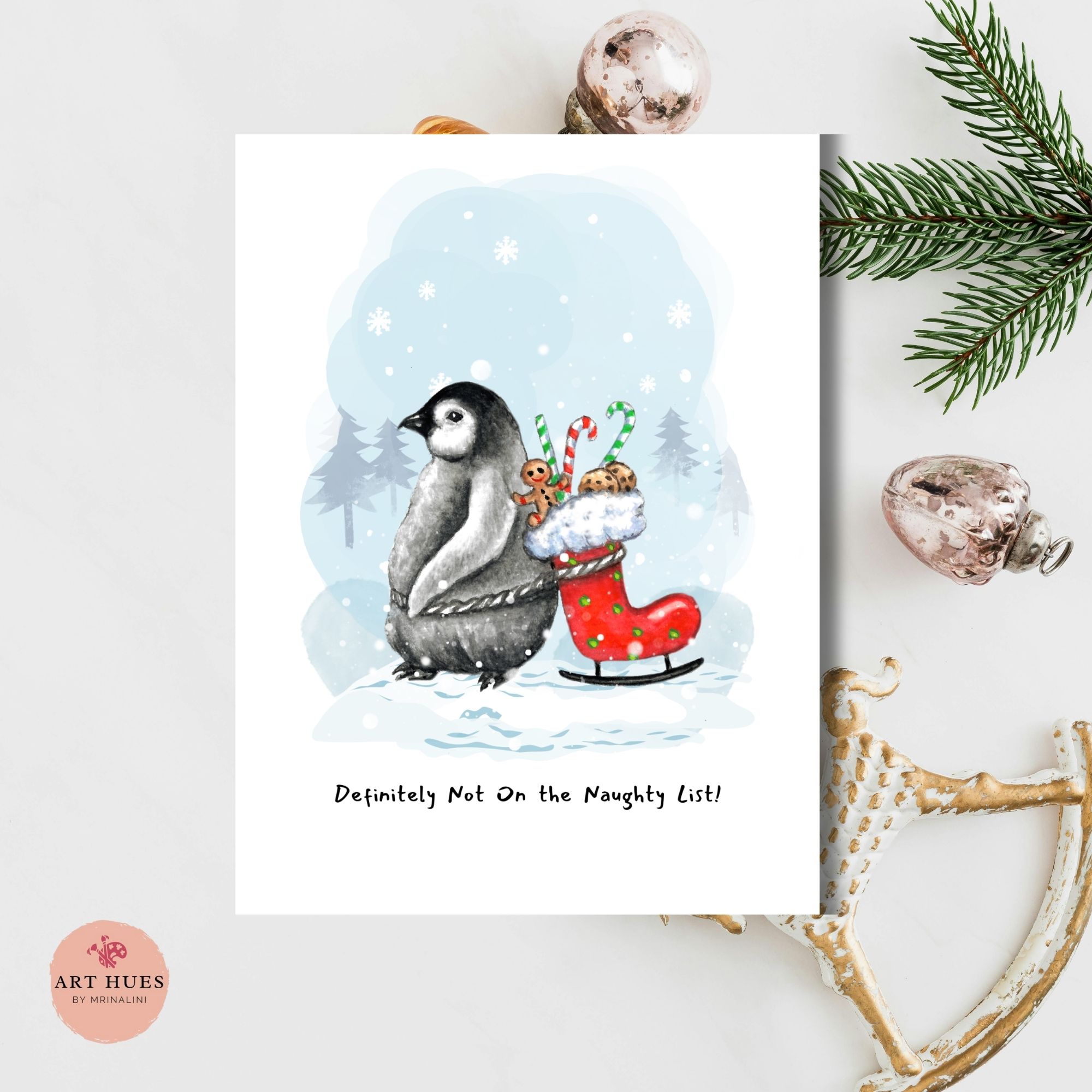 Funny Penguin Card PRINTABLE Holiday Greeting, Naughty List Christmas Card, Winter Greeting Card, 5x7 Folded Card Digital Download