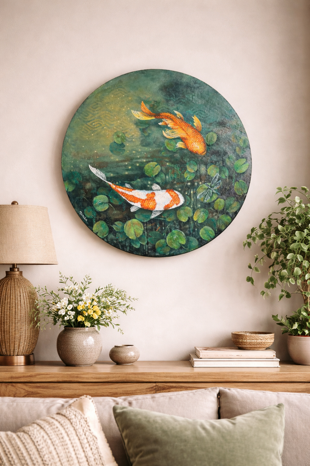 Zen Den- Tranquil Koi fish & the Dragon Fly painting on round canvas, Good luck wall art for home & office