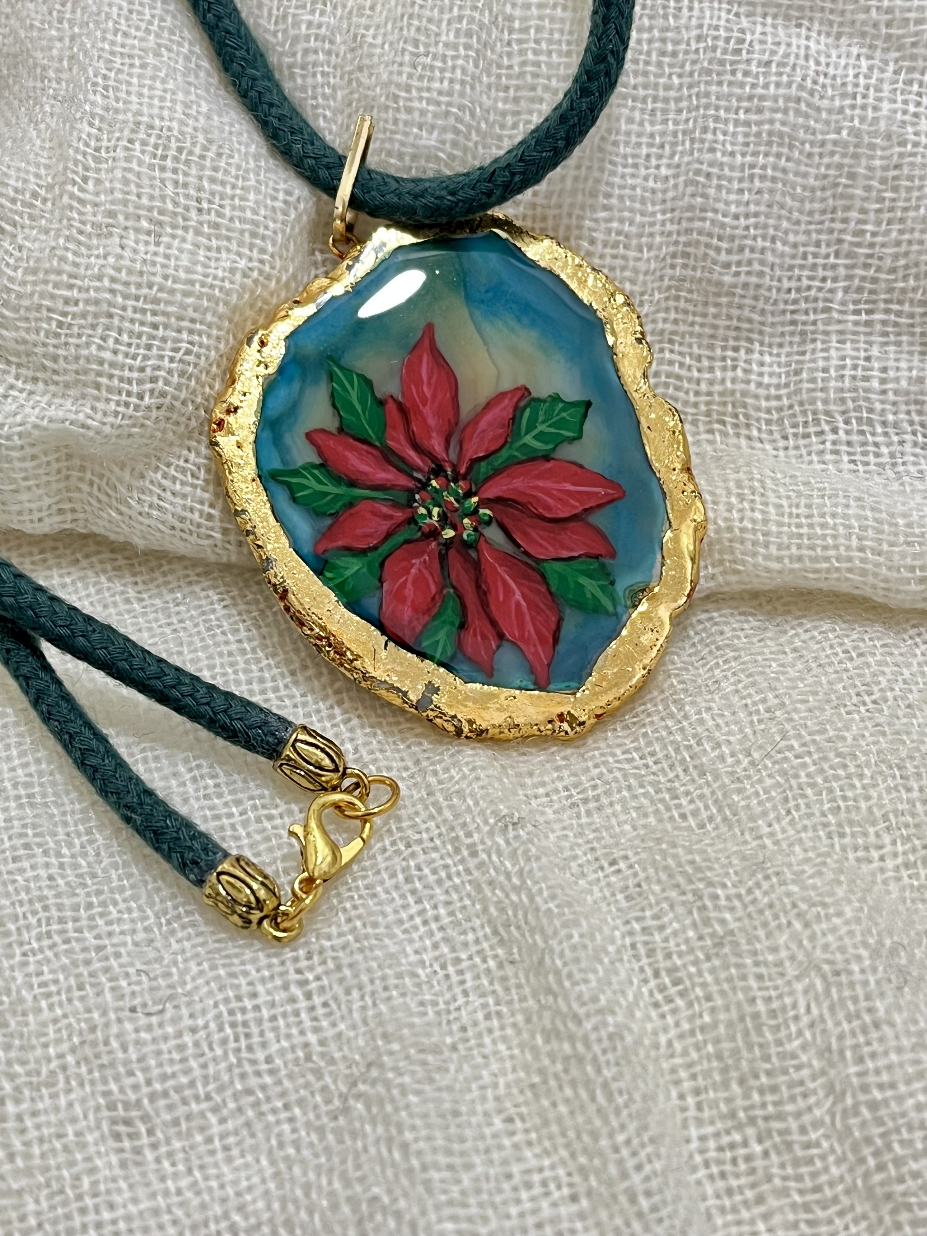 Hand-Painted Poinsettia Necklace | Agate Stone Pendant | December Birth Flower Jewelry | Botanical Art Necklace