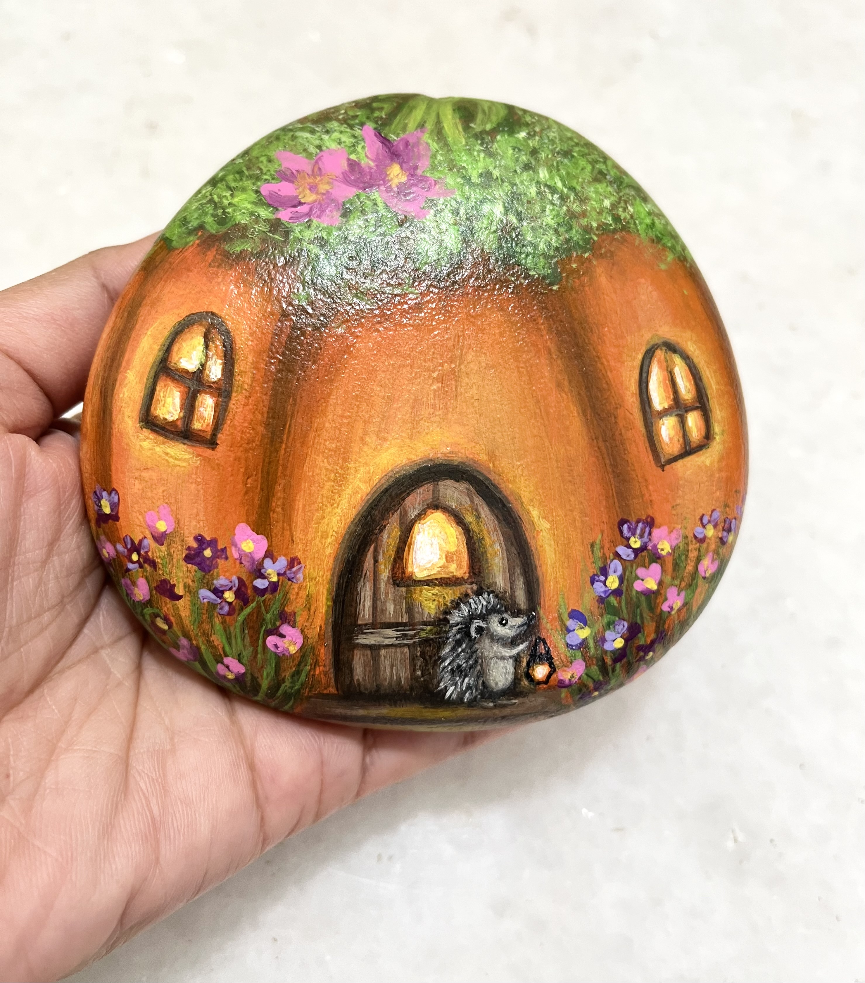 Hand-painted Hedgehog Fairy House Stone