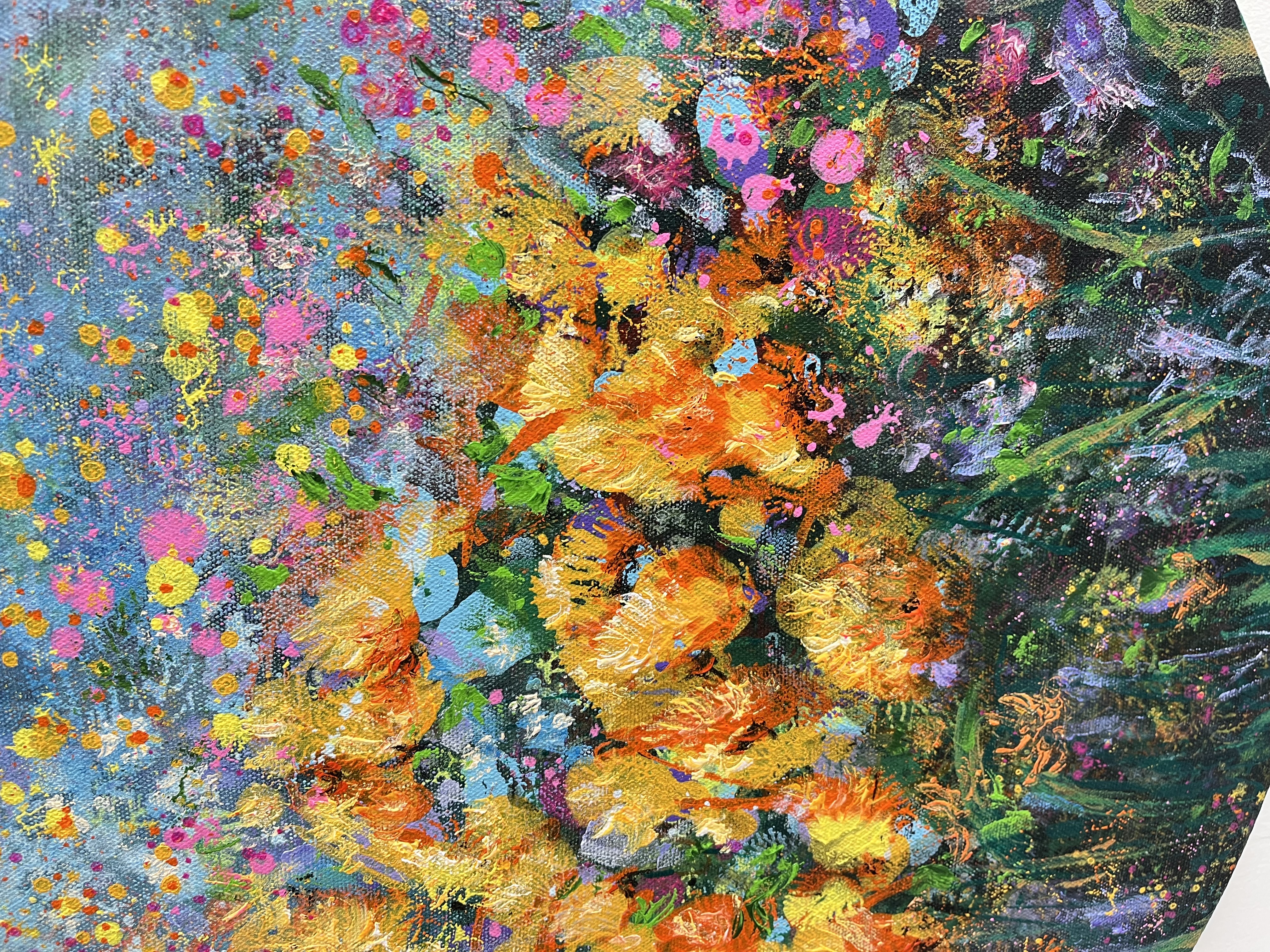 Original Abstract Floral expressive Painting on a round canvas