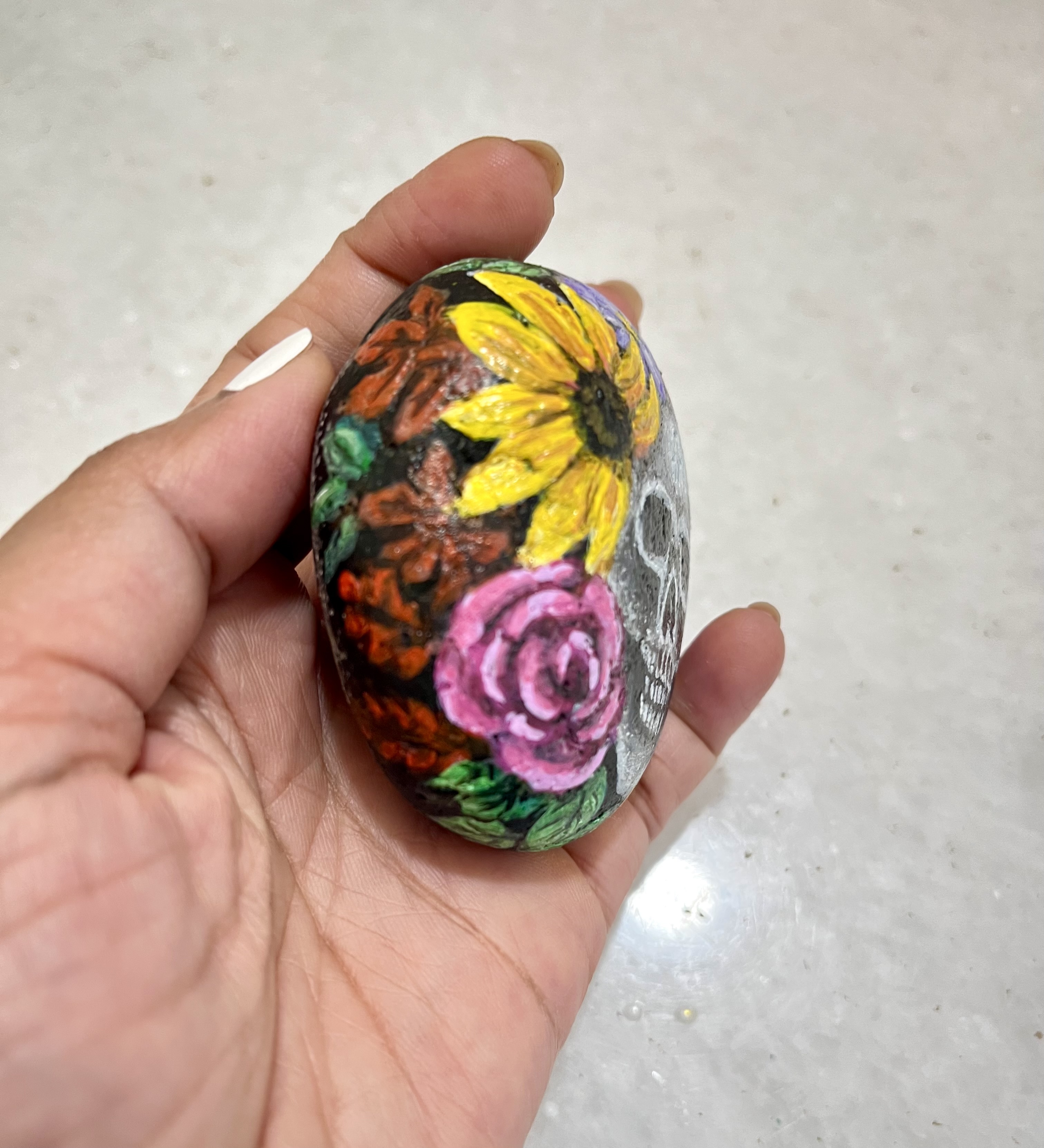 Skull Floral painting on stone - Decorative Stone for Halloween season