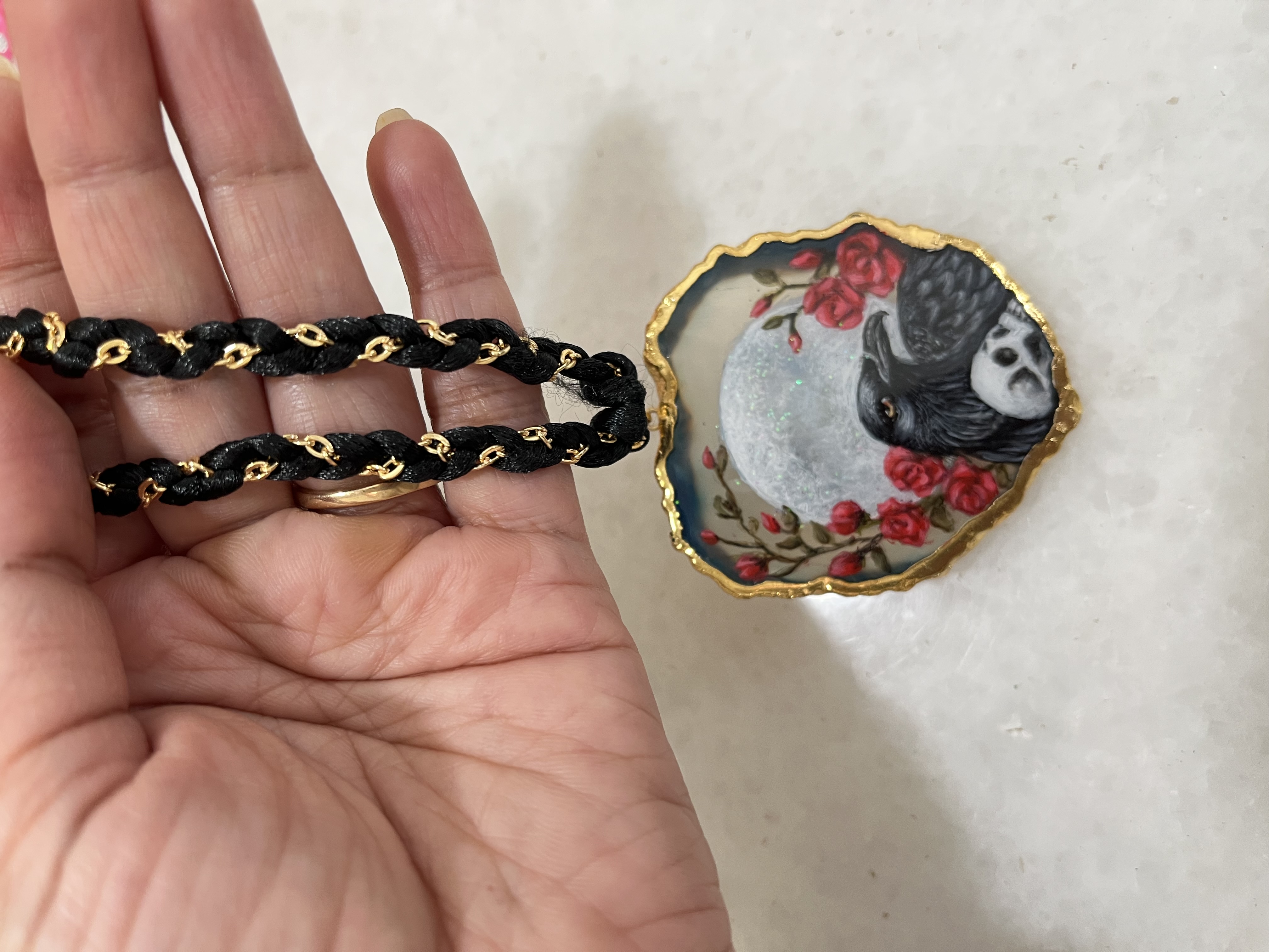 Hand-painted Raven Pendant Necklace