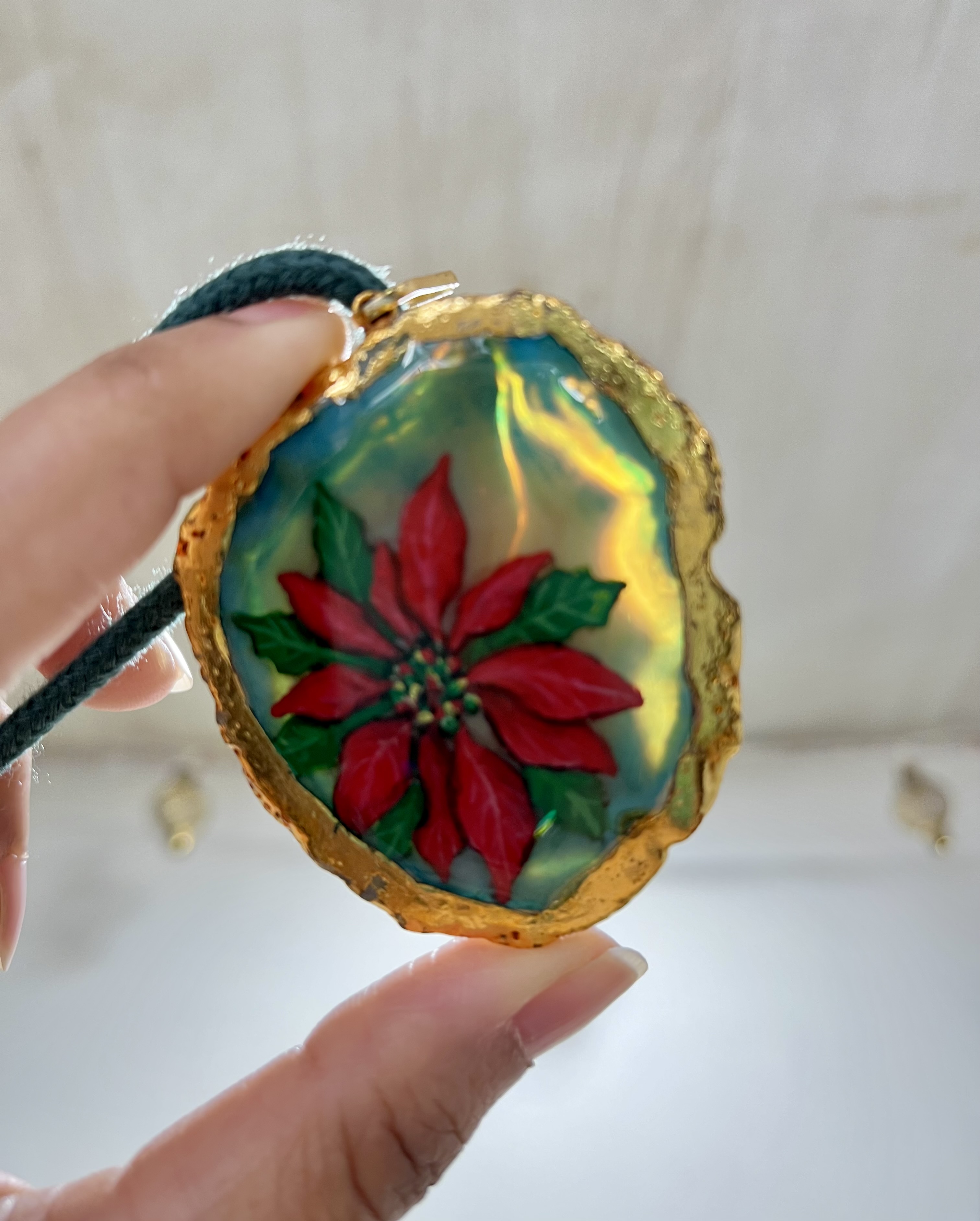 Hand-Painted Poinsettia Necklace | Agate Stone Pendant | December Birth Flower Jewelry | Botanical Art Necklace