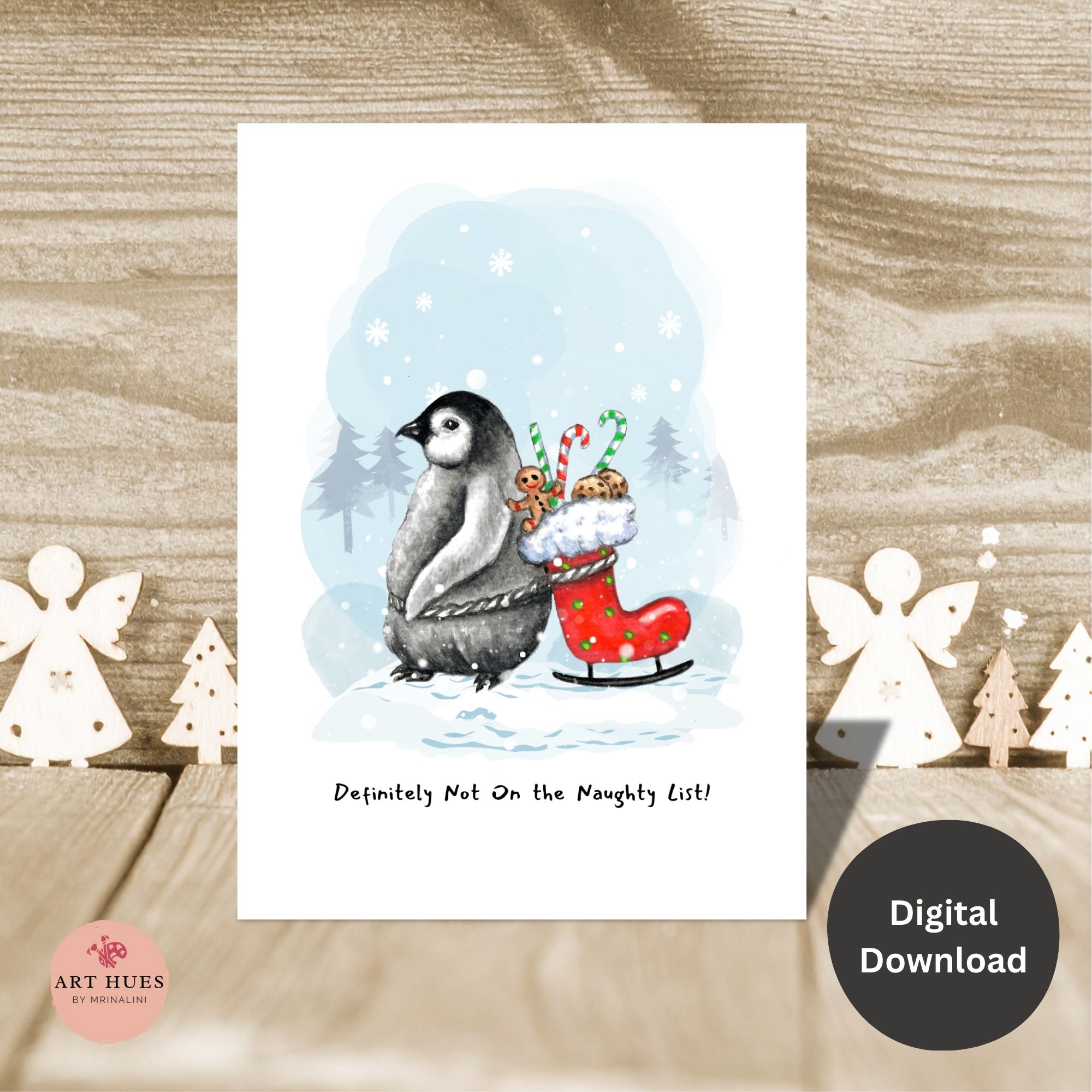 Funny Penguin Card PRINTABLE Holiday Greeting, Naughty List Christmas Card, Winter Greeting Card, 5x7 Folded Card Digital Download