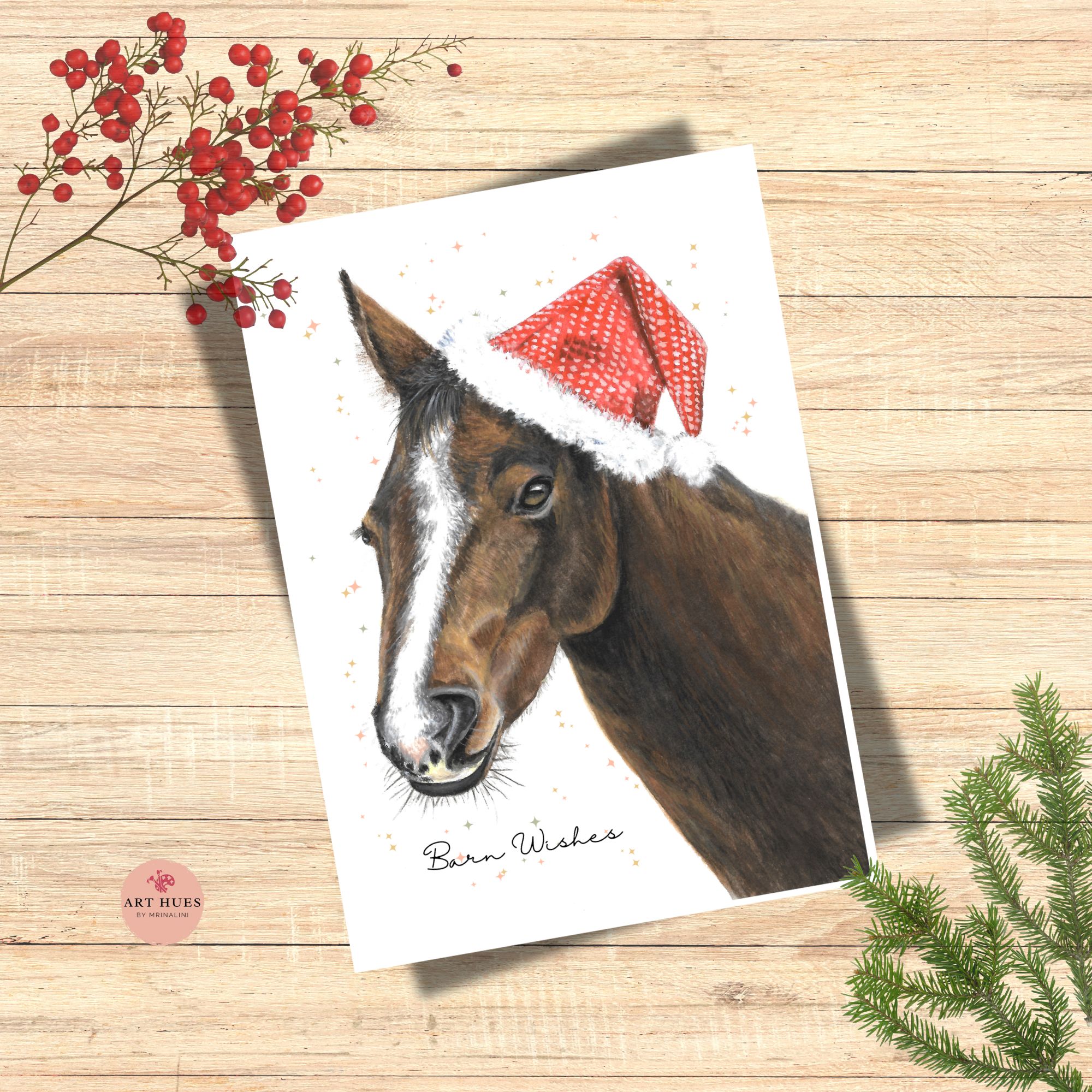 Christmas Horse Printable Card, Barn Inspired Winter Greeting, 5x7 Horse Art Print, Equestrian Digital Download