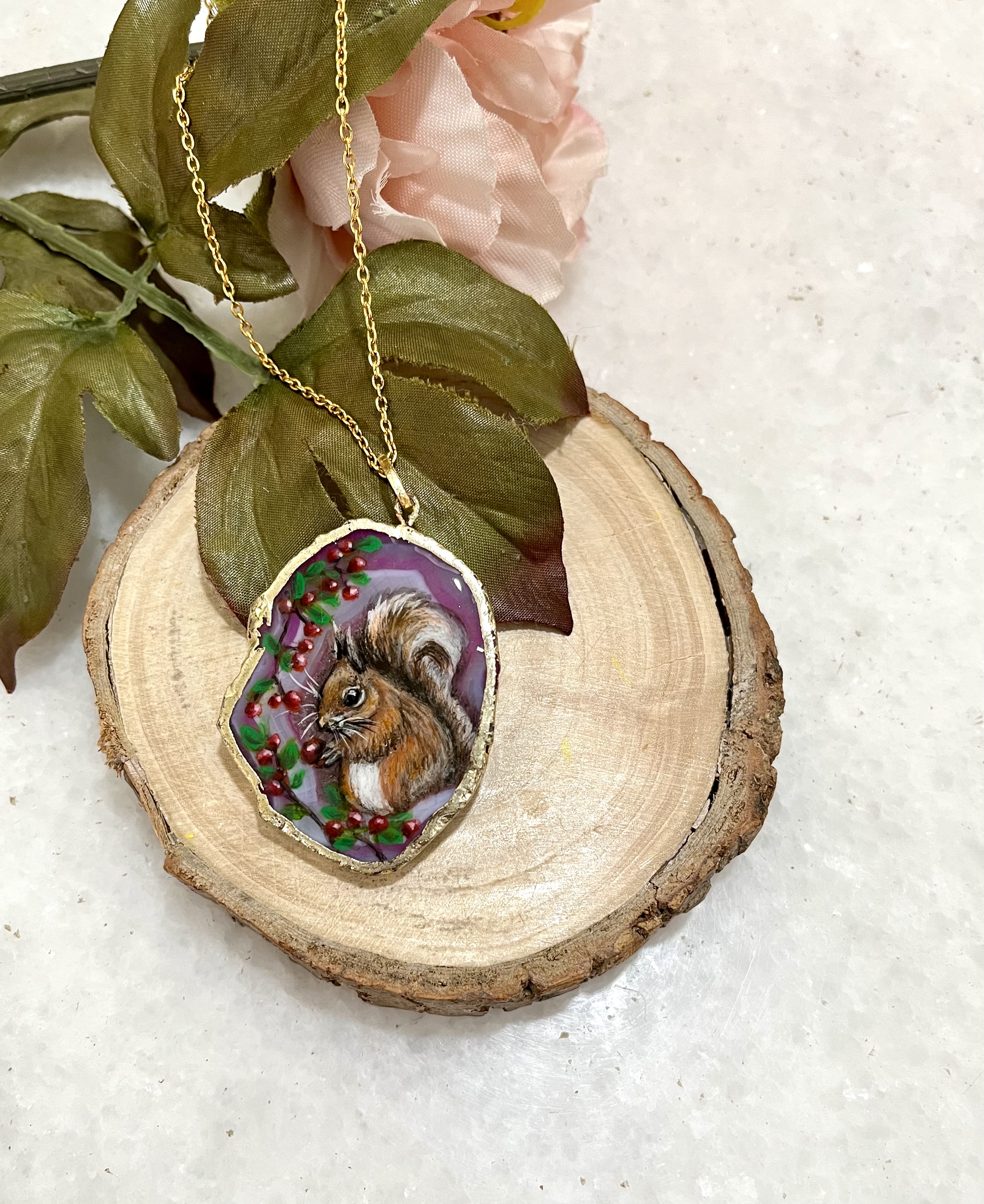 Hand-painted Squirrel Pendant on natural agate stone