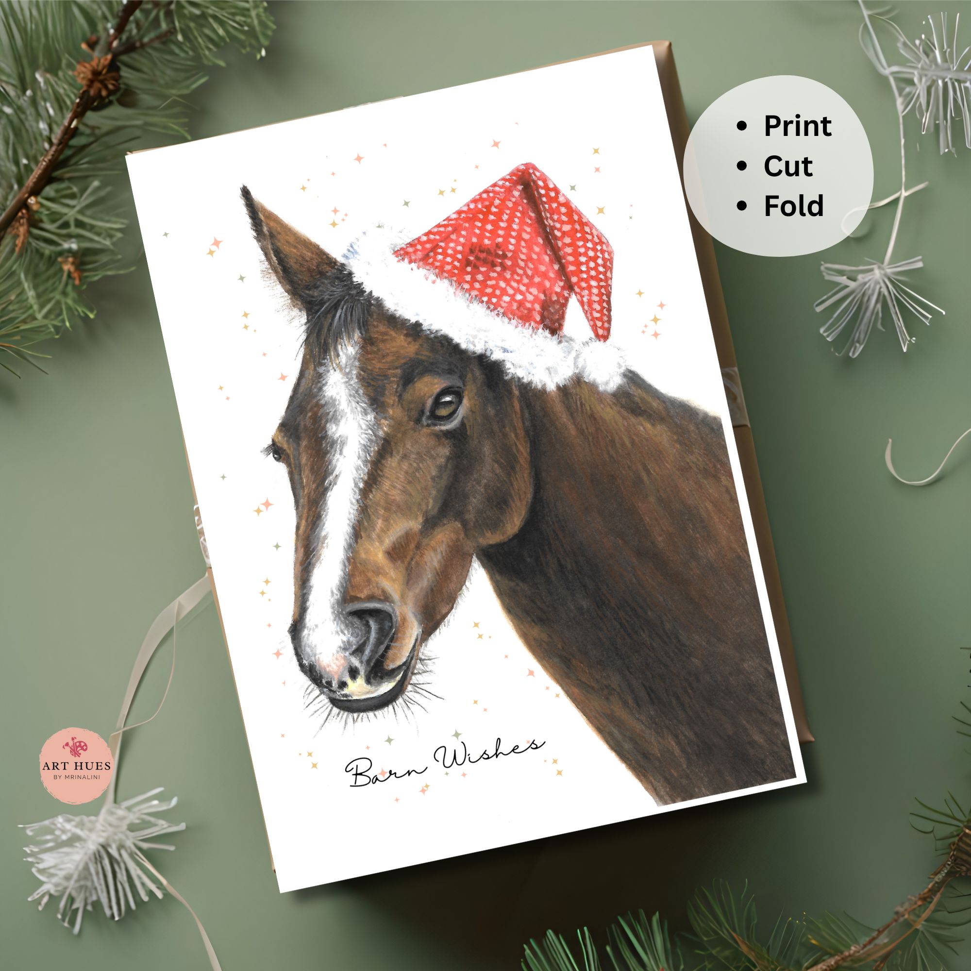 Christmas Horse Printable Card, Barn Inspired Winter Greeting, 5x7 Horse Art Print, Equestrian Digital Download